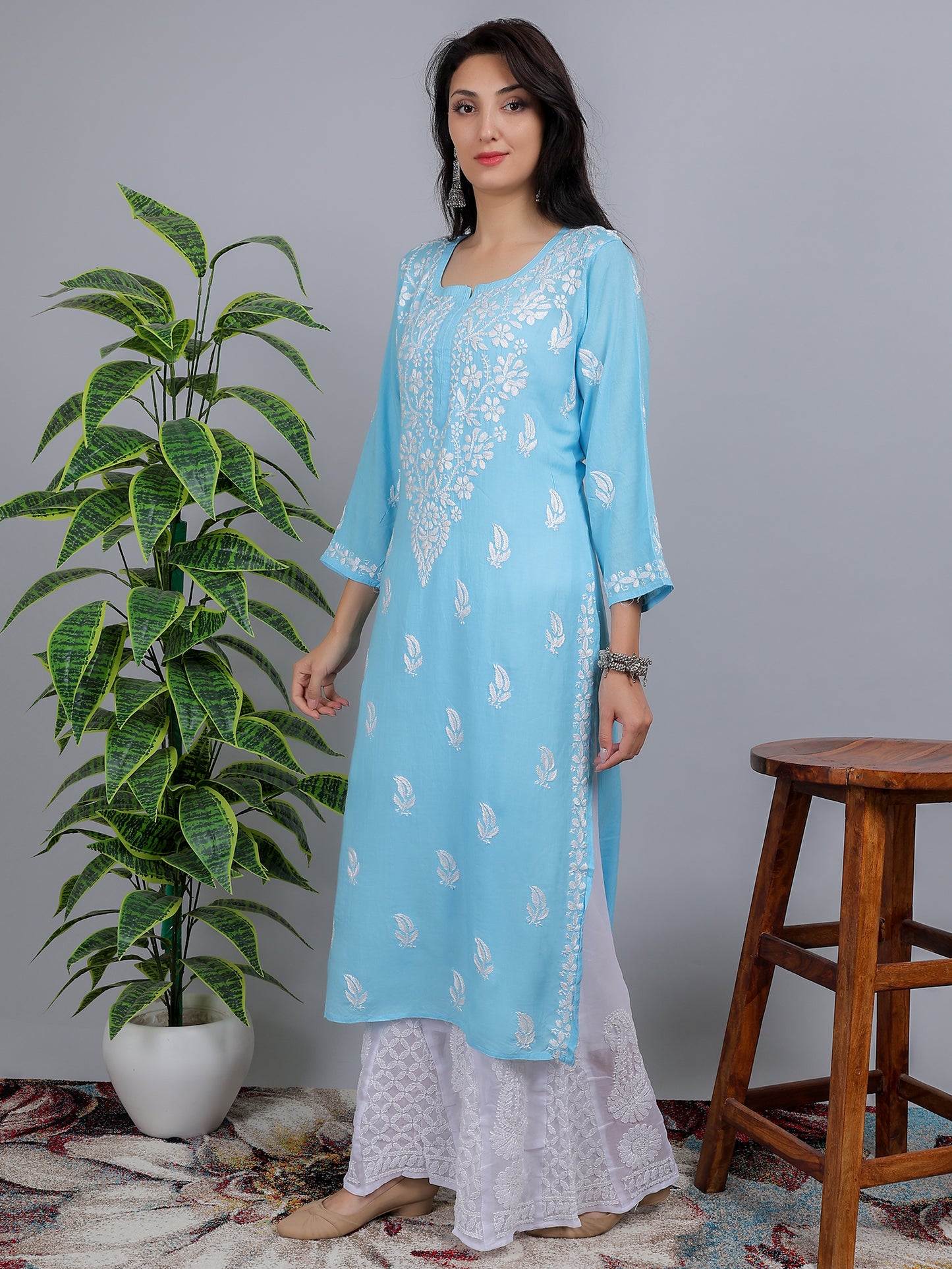 Chikankari Modal Long Kurti Top Hand Embroidered-NS14