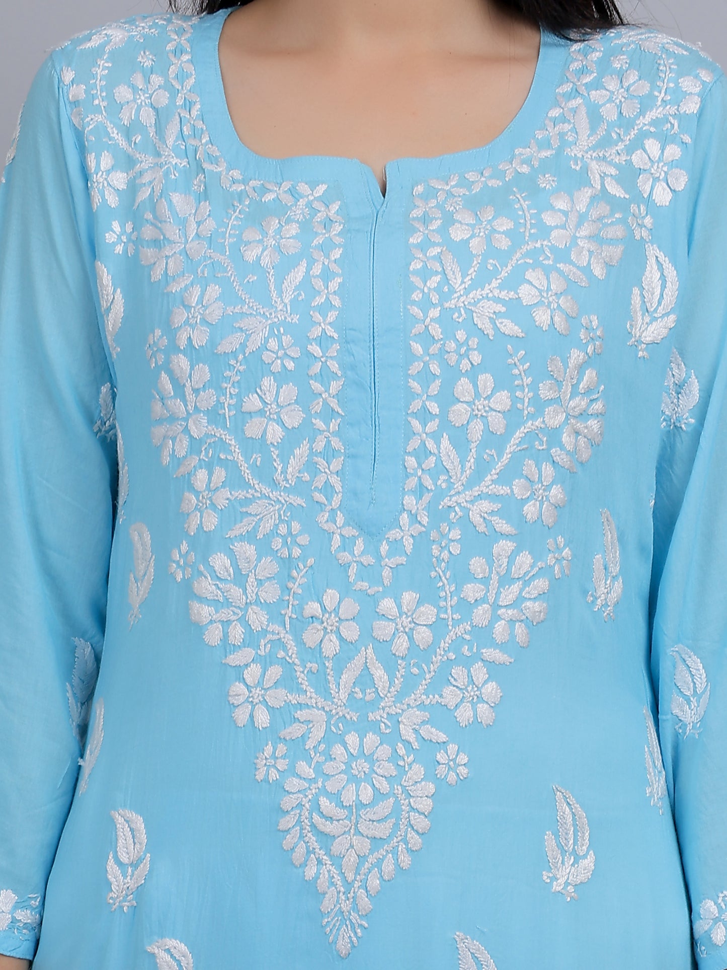 Chikankari Modal Long Kurti Top Hand Embroidered-NS14