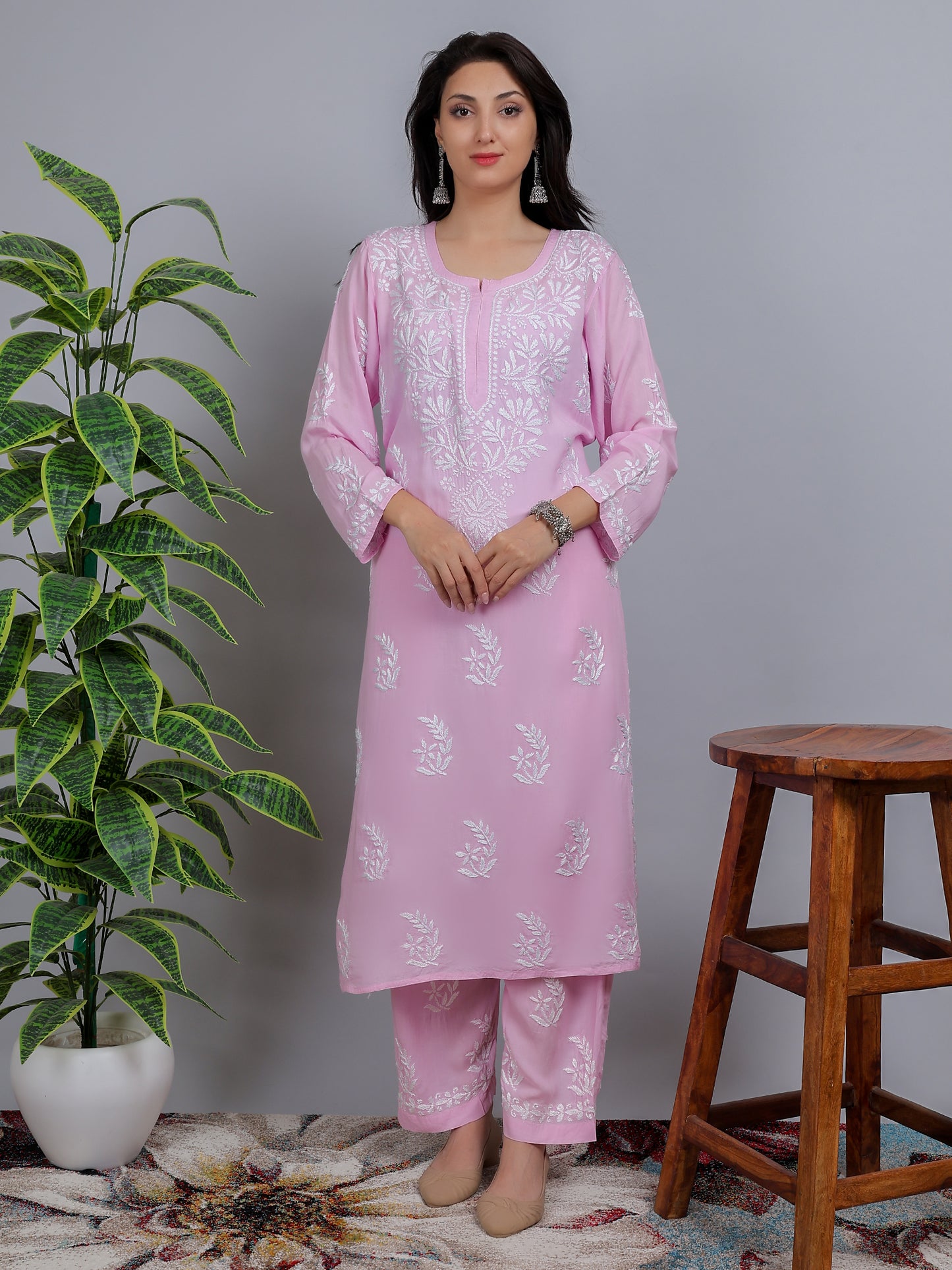 Chikankari Modal Kurti Set with Bottom Hand Embroidered-NS15