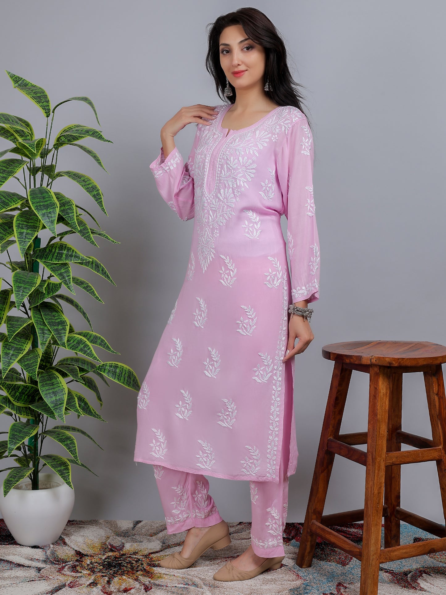 Chikankari Modal Kurti Set with Bottom Hand Embroidered-NS15