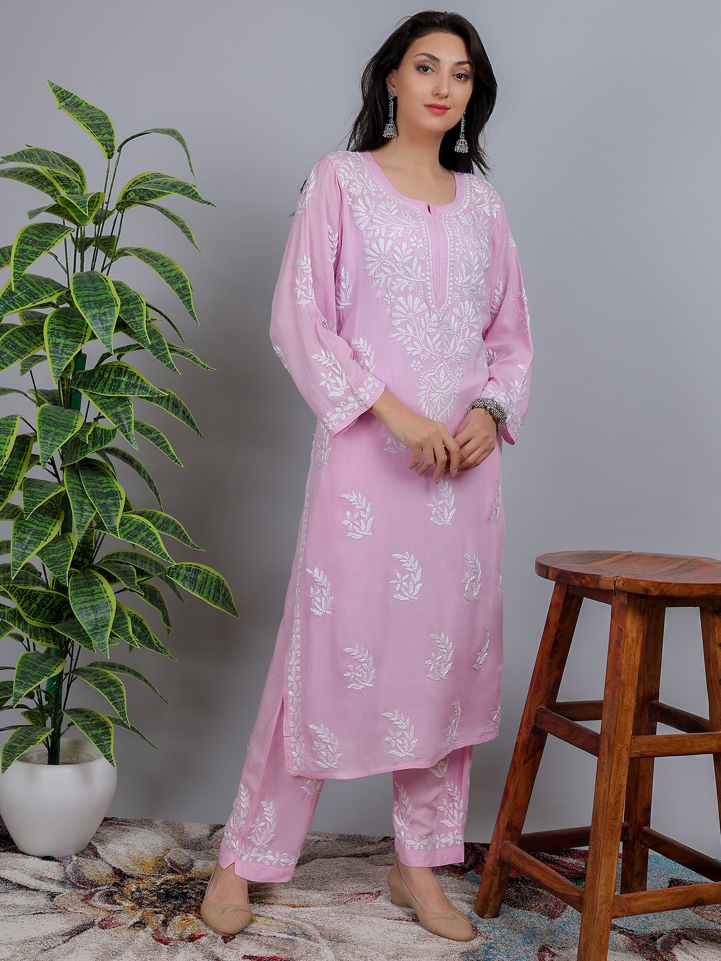 Chikankari Modal Kurti Set with Bottom Hand Embroidered-NS15