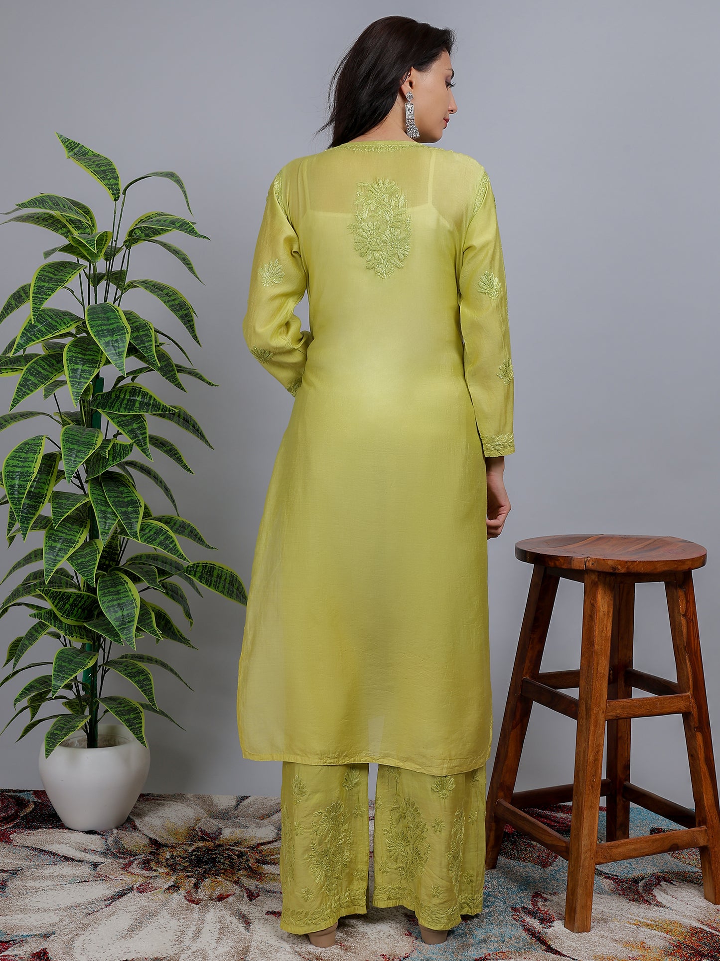 Chikankari Chanderi Silk Kurti Set with Bottom Hand Embroidered-NS16