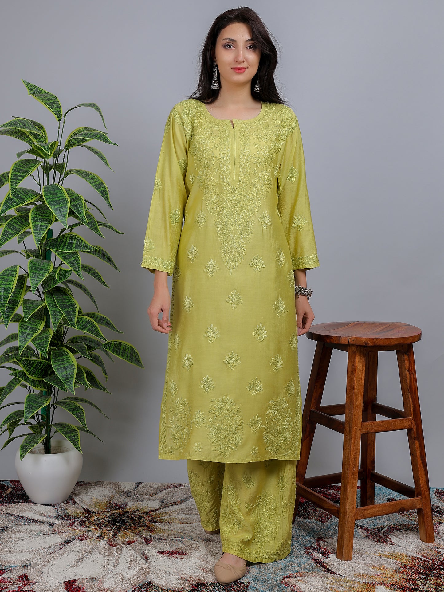 Chikankari Chanderi Silk Kurti Set with Bottom Hand Embroidered-NS16