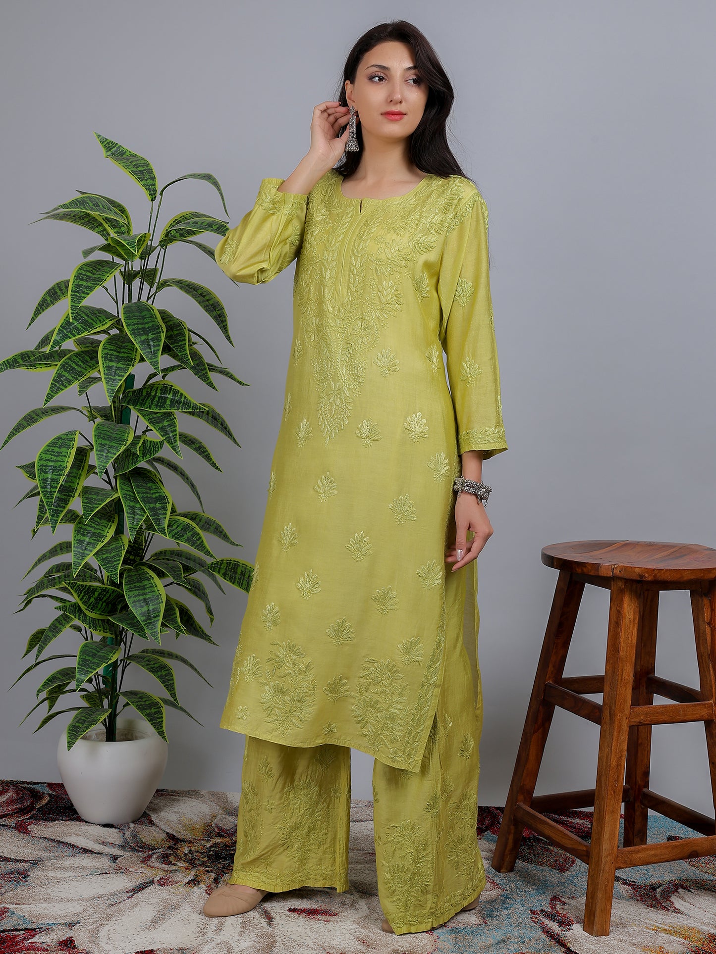 Chikankari Chanderi Silk Kurti Set with Bottom Hand Embroidered-NS16