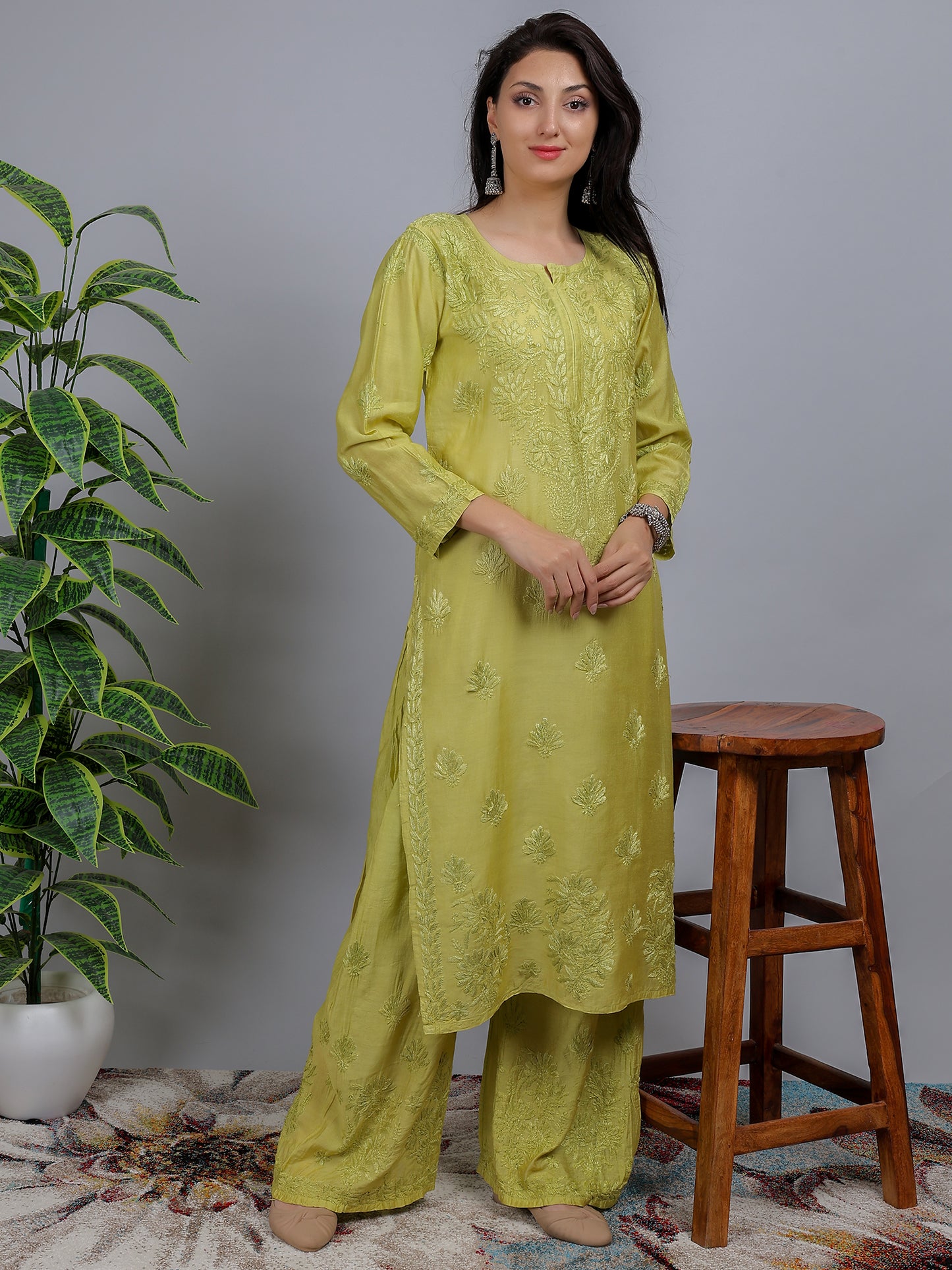 Chikankari Chanderi Silk Kurti Set with Bottom Hand Embroidered-NS16