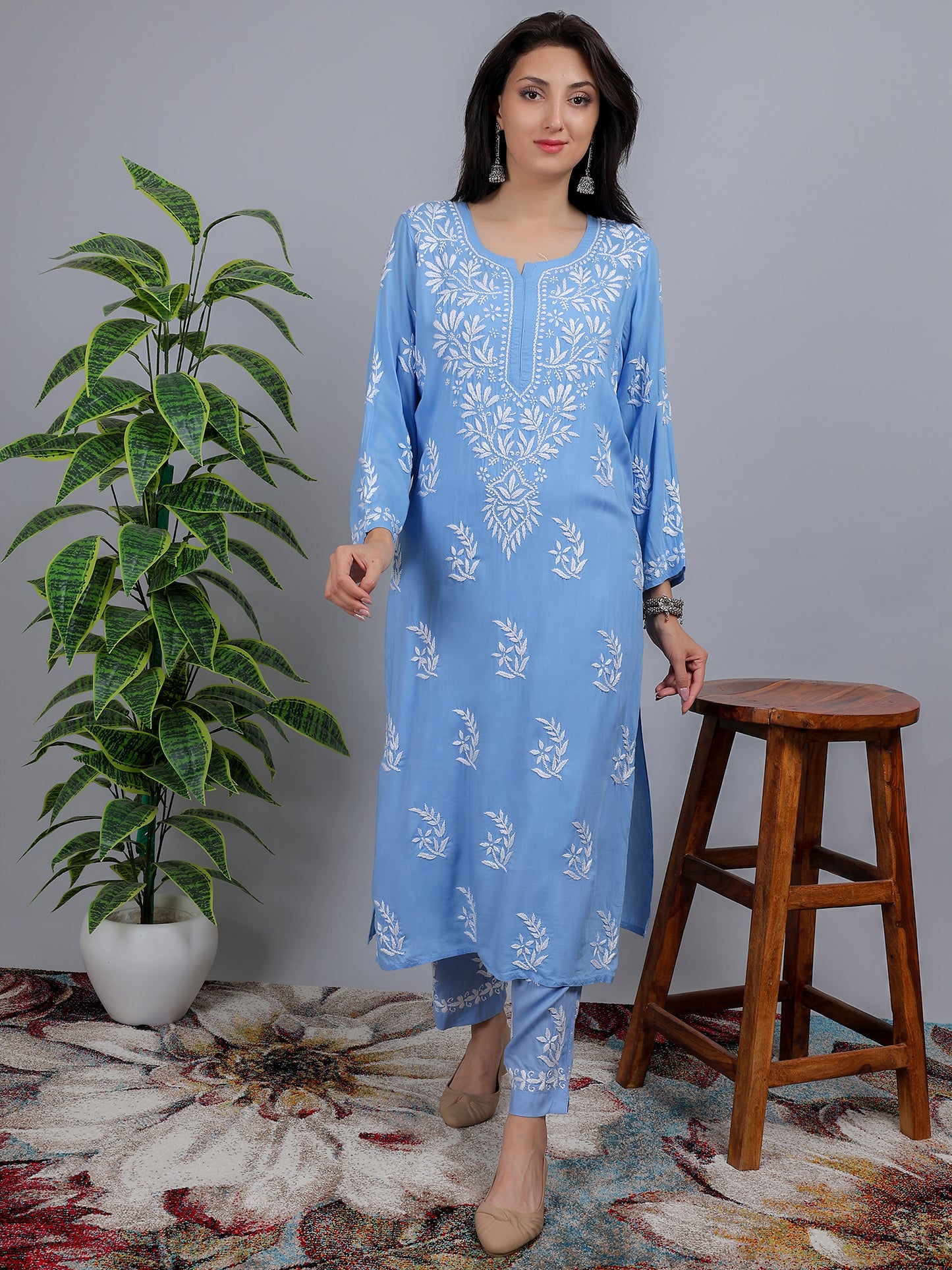 Chikankari Modal Kurti Set with Bottom Hand Embroidered-NS17