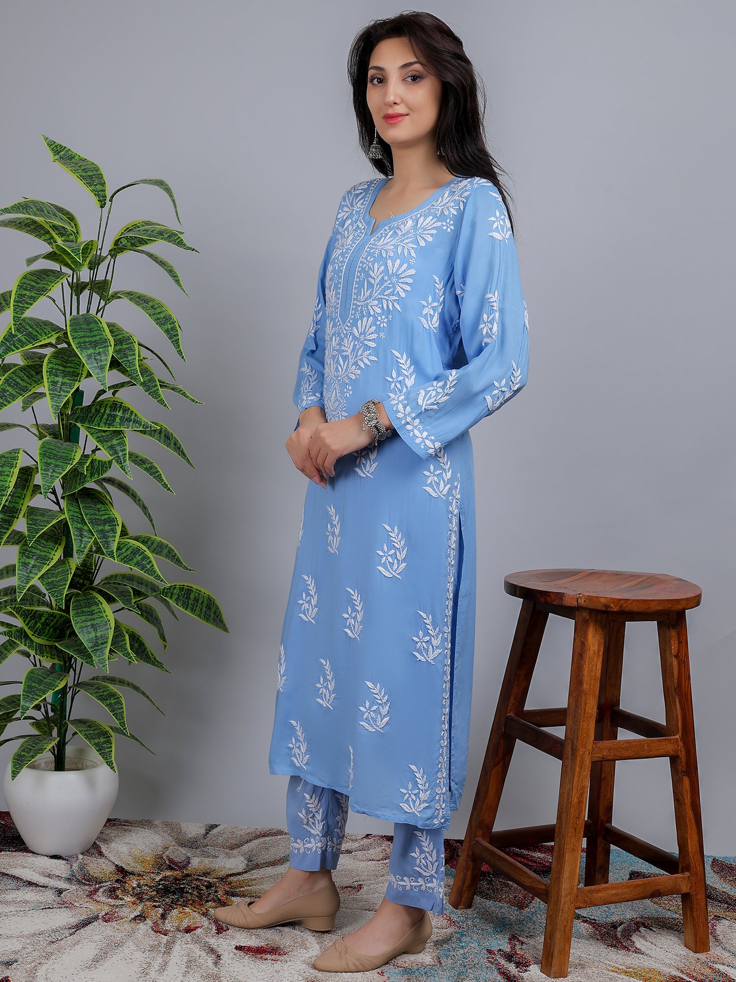 Chikankari Modal Kurti Set with Bottom Hand Embroidered-NS17