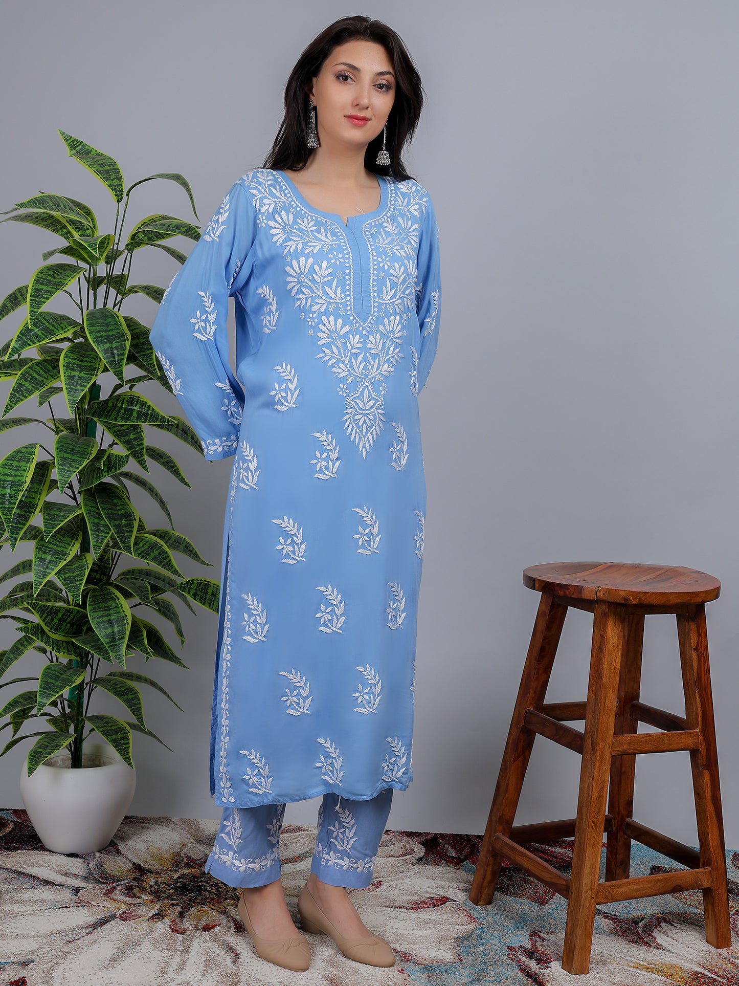 Chikankari Modal Kurti Set with Bottom Hand Embroidered-NS17