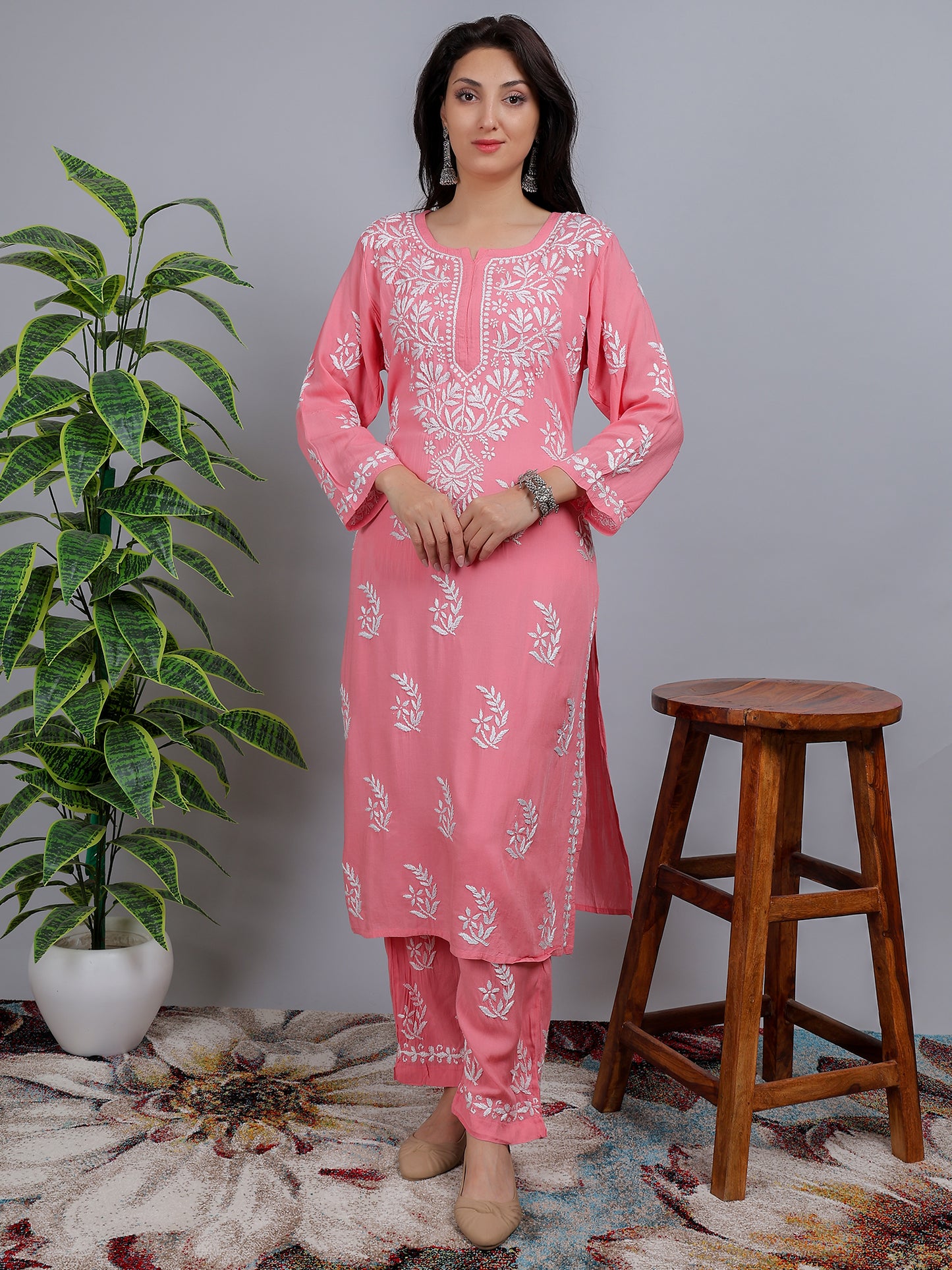 Chikankari Modal Kurti Set with Bottom Hand Embroidered-NS18