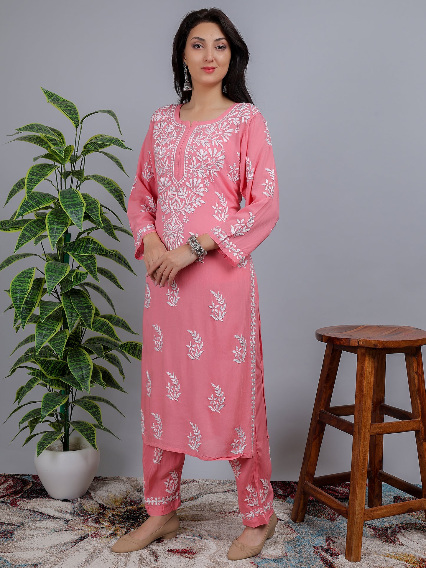 Chikankari Modal Kurti Set with Bottom Hand Embroidered-NS18