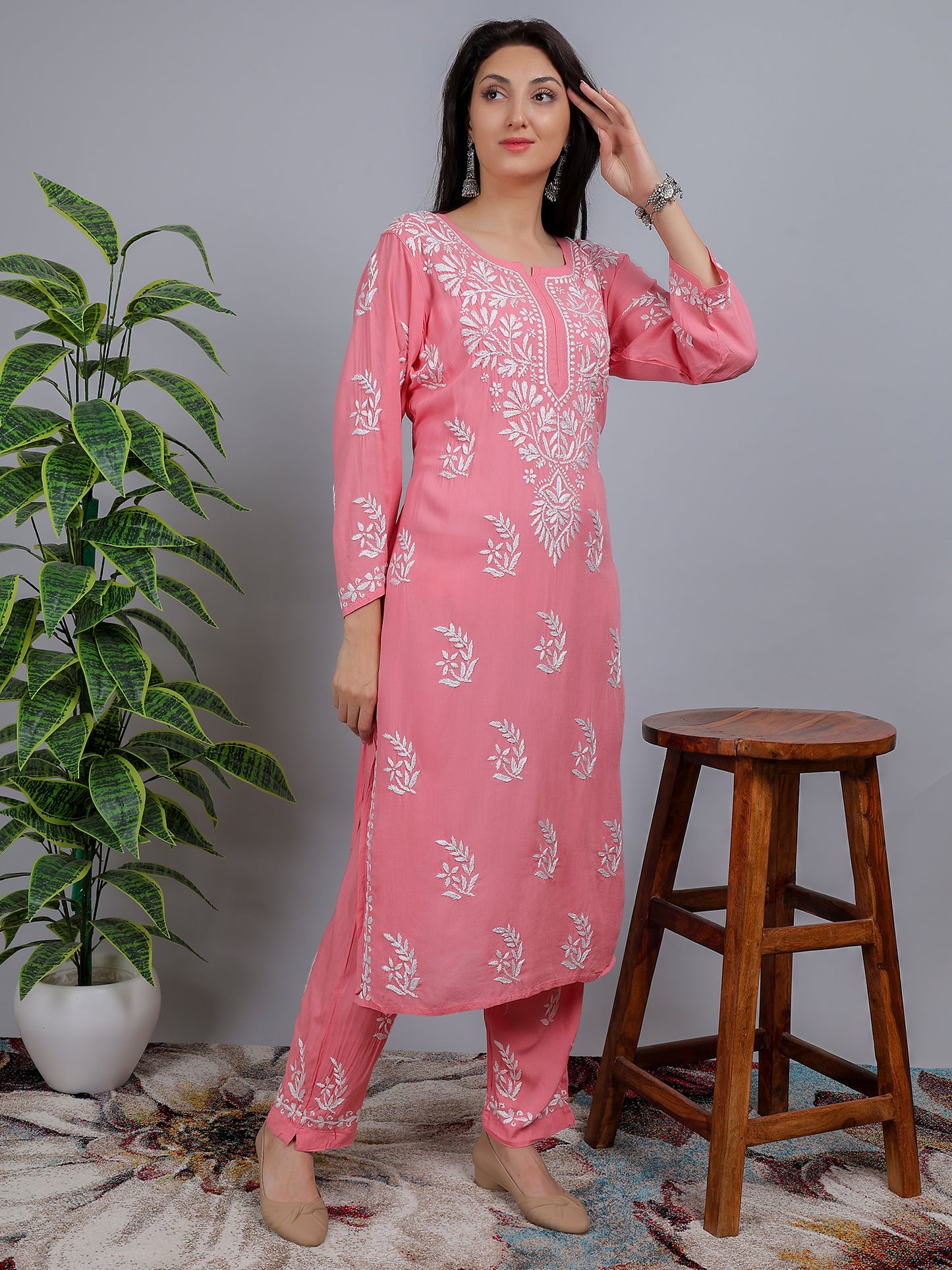 Chikankari Modal Kurti Set with Bottom Hand Embroidered-NS18