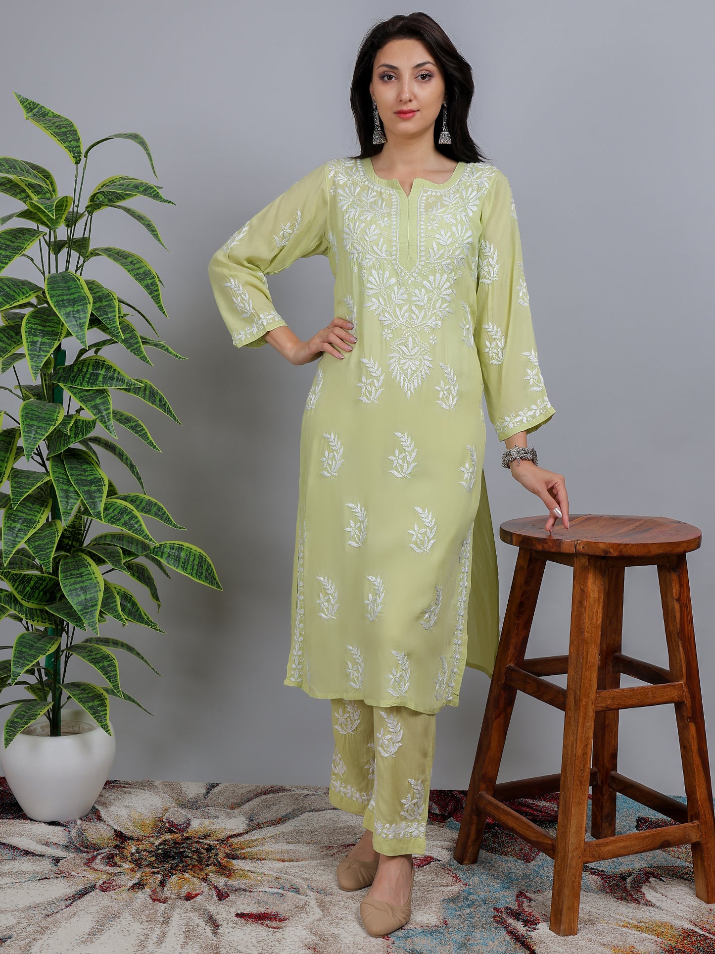 Chikankari Modal Kurti Set with Bottom Hand Embroidered-NS19