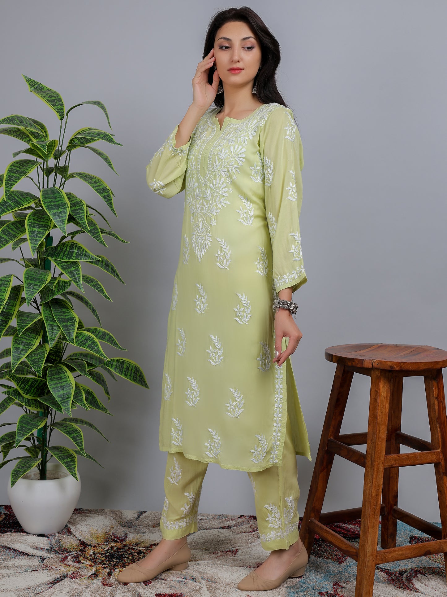 Chikankari Modal Kurti Set with Bottom Hand Embroidered-NS19