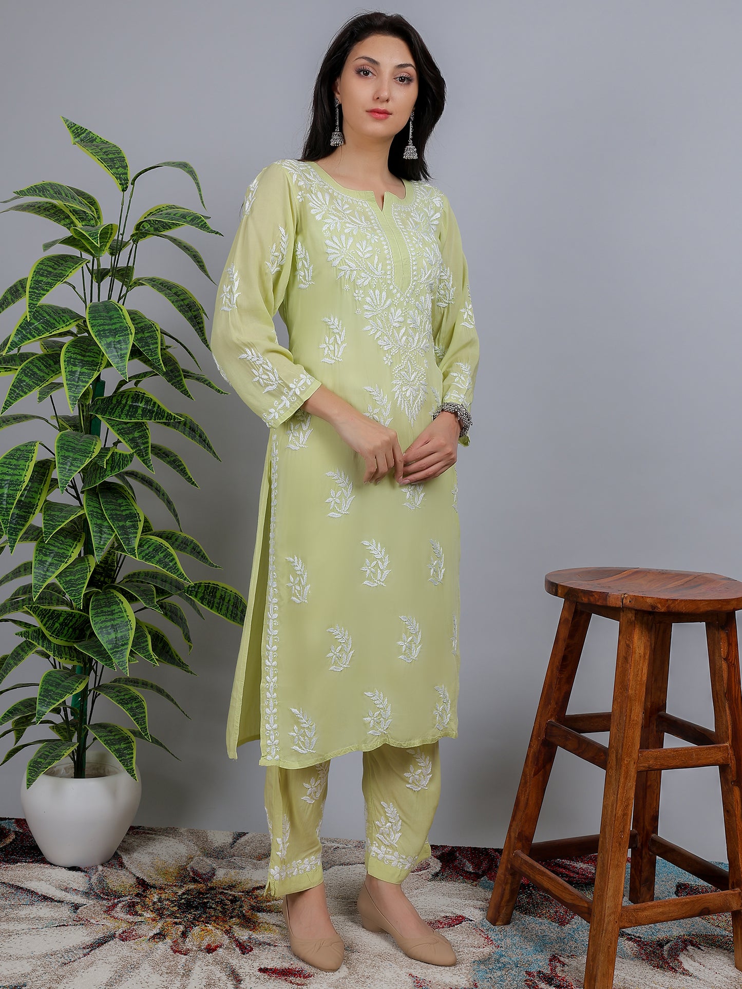 Chikankari Modal Kurti Set with Bottom Hand Embroidered-NS19