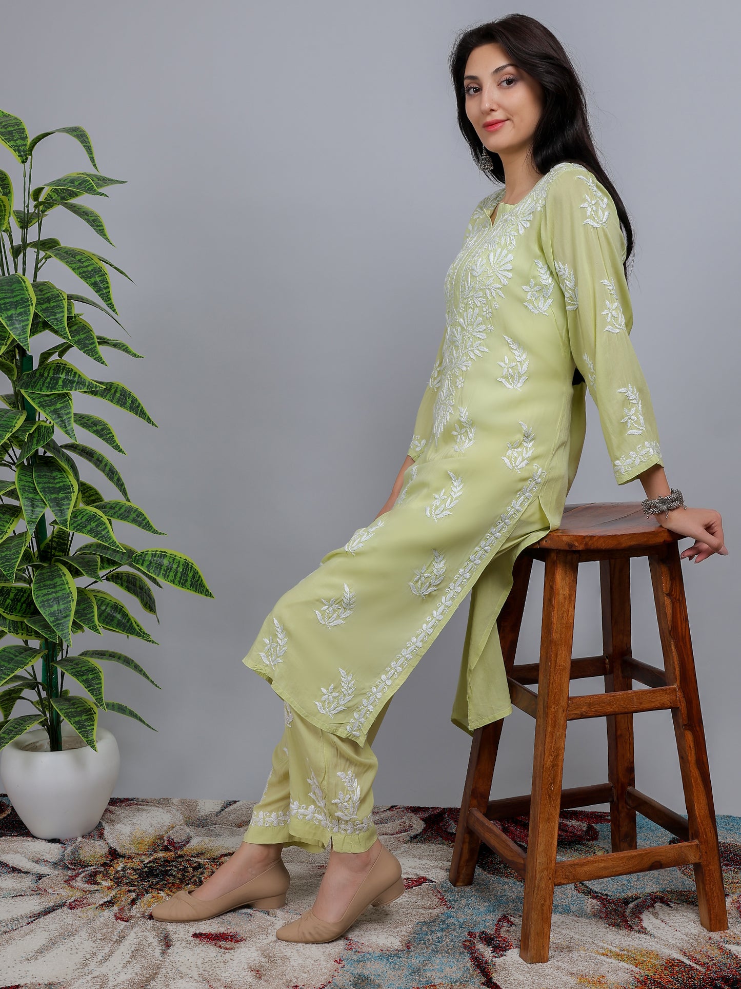 Chikankari Modal Kurti Set with Bottom Hand Embroidered-NS19