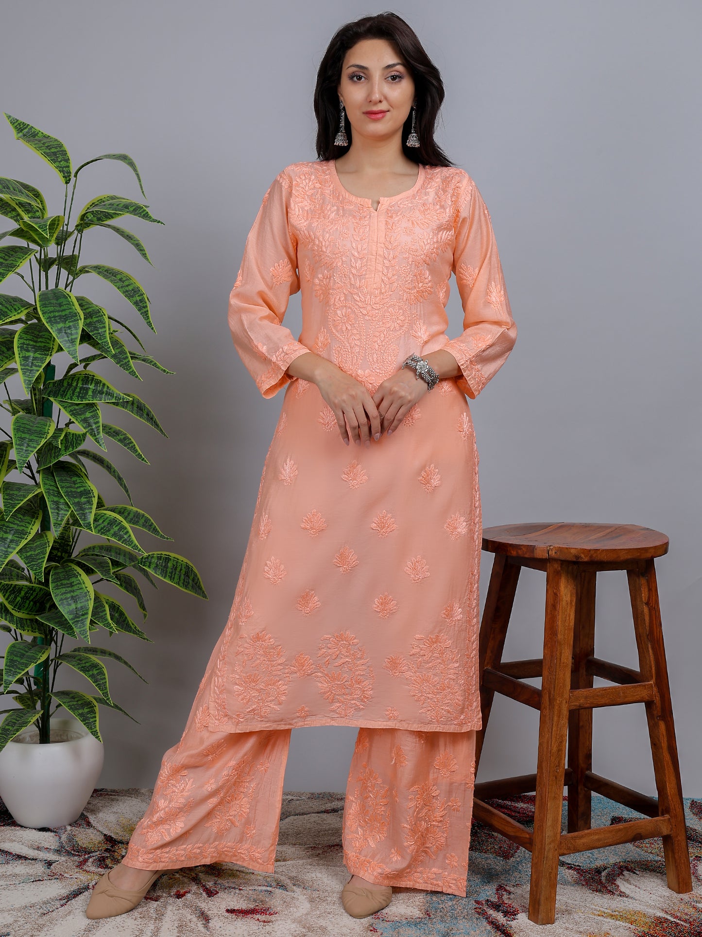 Chikankari Chanderi Silk Kurti Set with Bottom Hand Embroidered-NS20