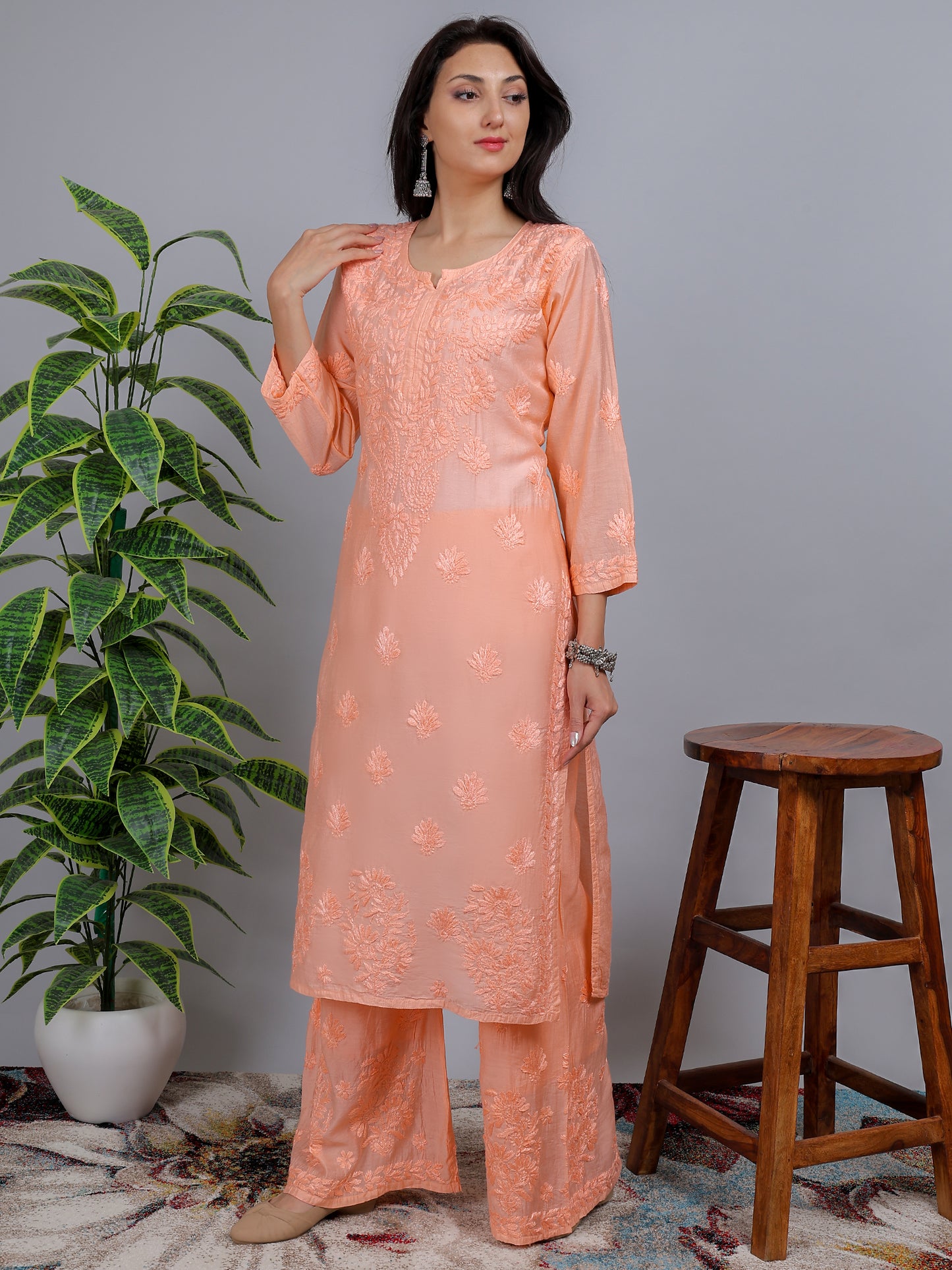 Chikankari Chanderi Silk Kurti Set with Bottom Hand Embroidered-NS20