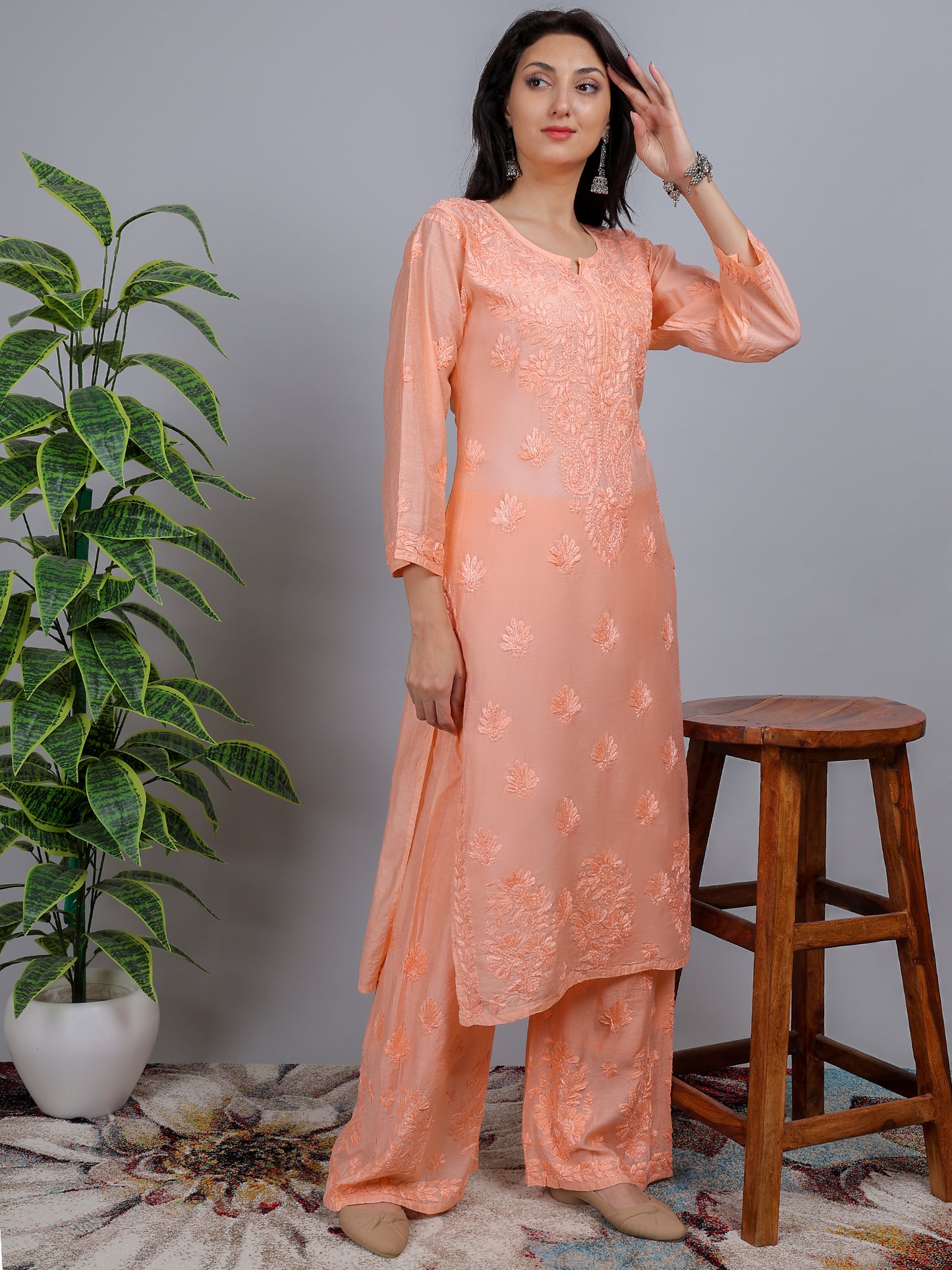 Chikankari Chanderi Silk Kurti Set with Bottom Hand Embroidered-NS20