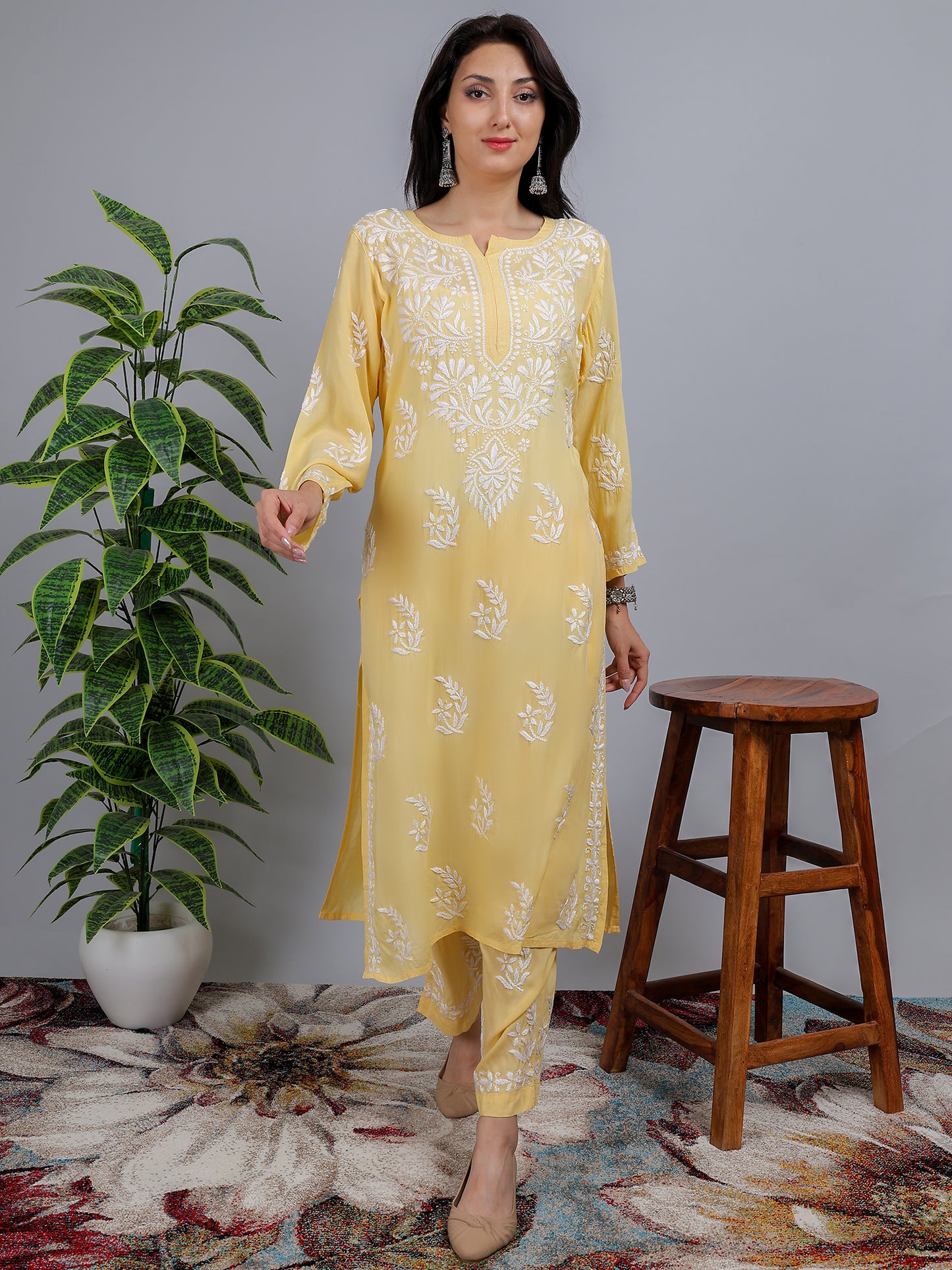 Chikankari Modal Kurti Set with Bottom Hand Embroidered-NS21