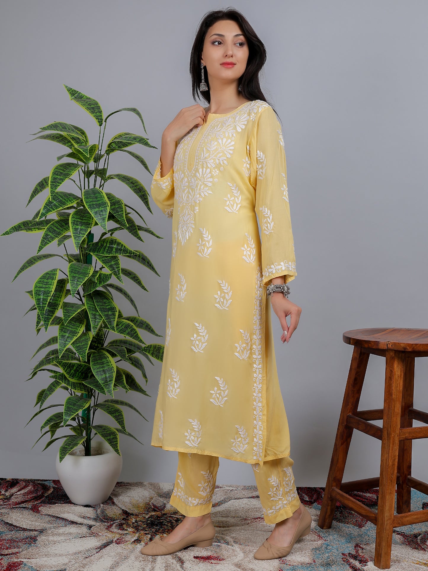 Chikankari Modal Kurti Set with Bottom Hand Embroidered-NS21