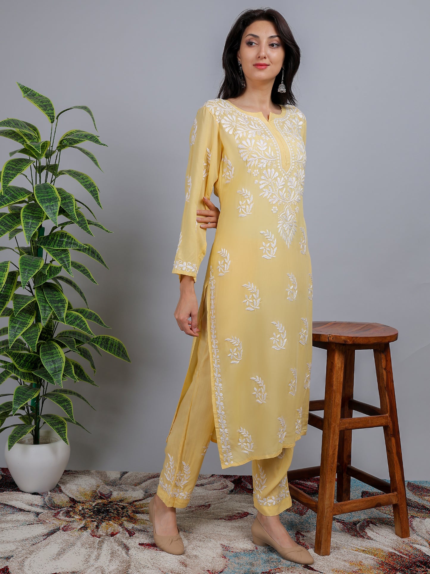 Chikankari Modal Kurti Set with Bottom Hand Embroidered-NS21