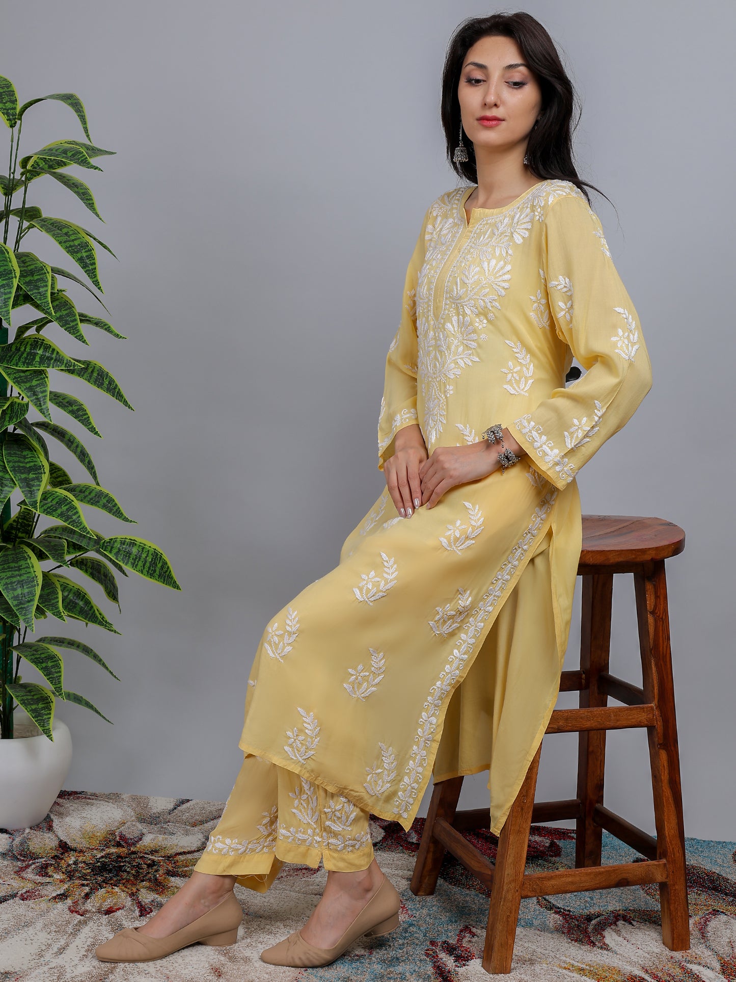 Chikankari Modal Kurti Set with Bottom Hand Embroidered-NS21