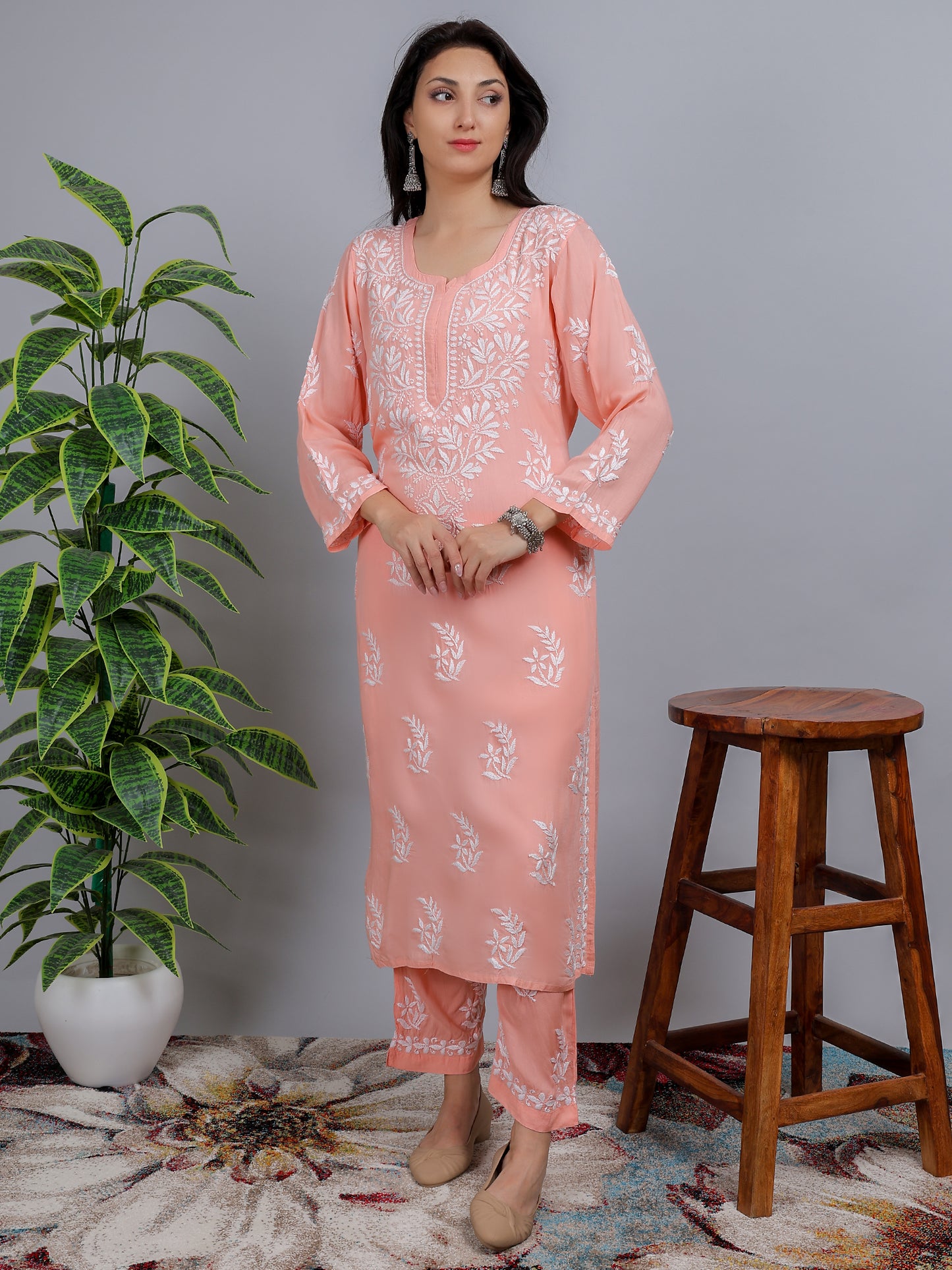 Chikankari Modal Kurti Set with Bottom Hand Embroidered-NS23