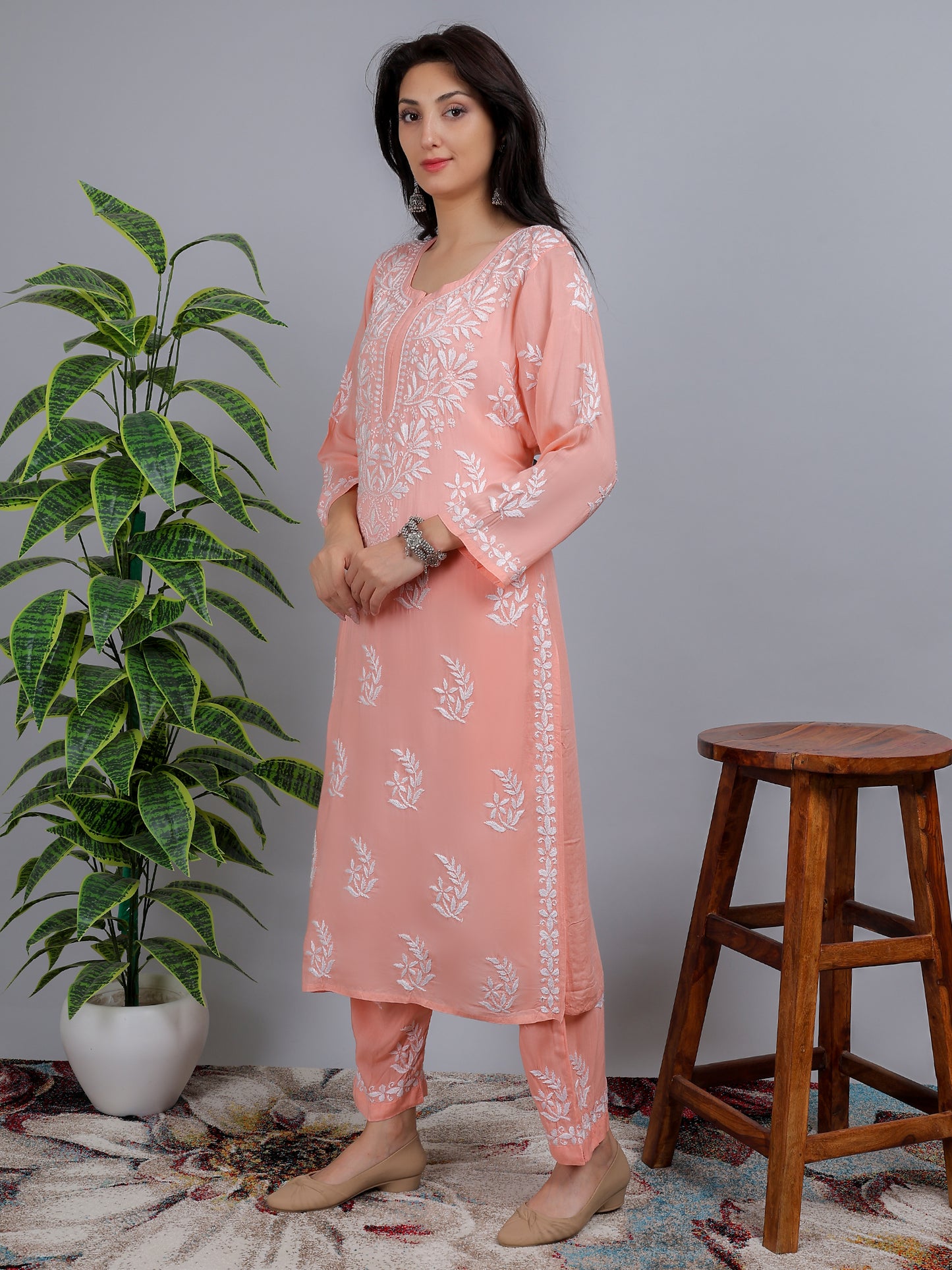 Chikankari Modal Kurti Set with Bottom Hand Embroidered-NS23