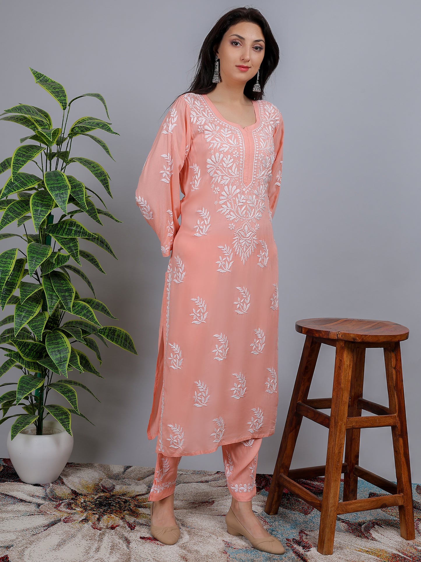 Chikankari Modal Kurti Set with Bottom Hand Embroidered-NS23