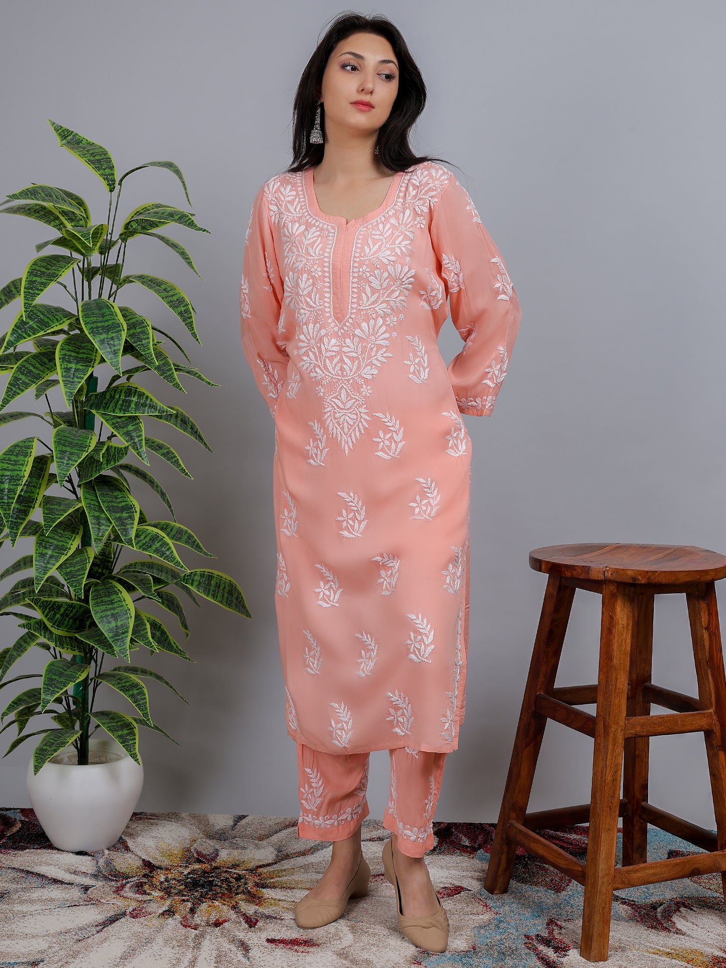 Chikankari Modal Kurti Set with Bottom Hand Embroidered-NS23