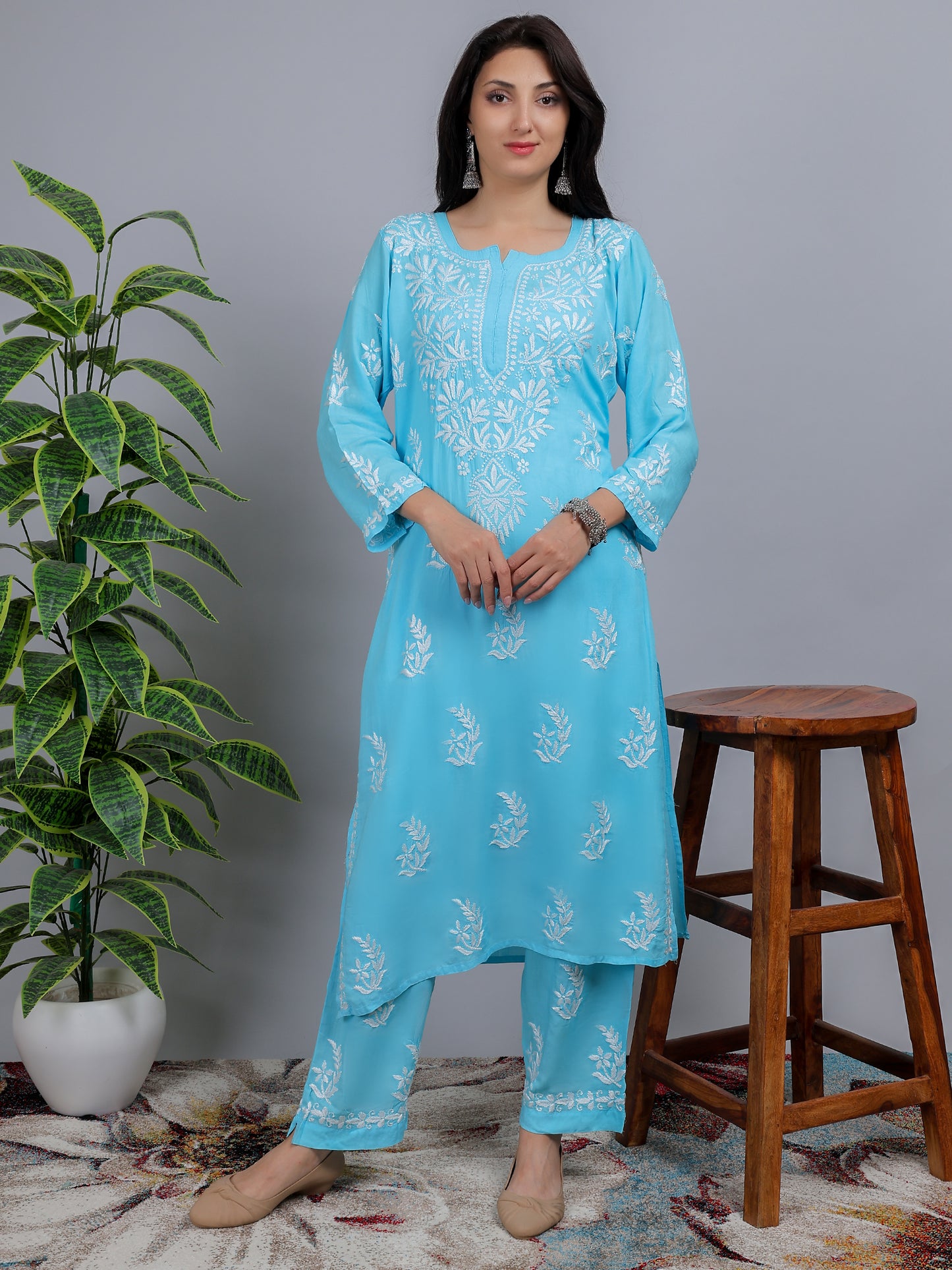 Chikankari Modal Kurti Set with Bottom Hand Embroidered-NS22