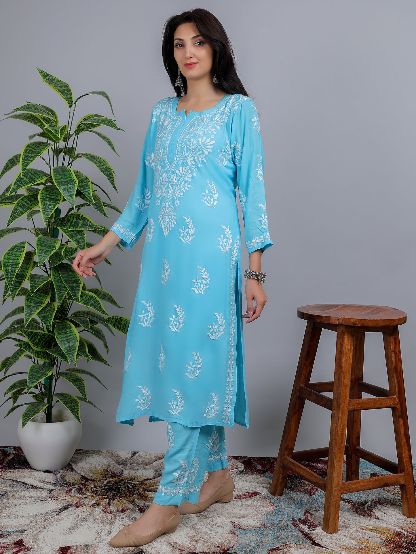 Chikankari Modal Kurti Set with Bottom Hand Embroidered-NS22