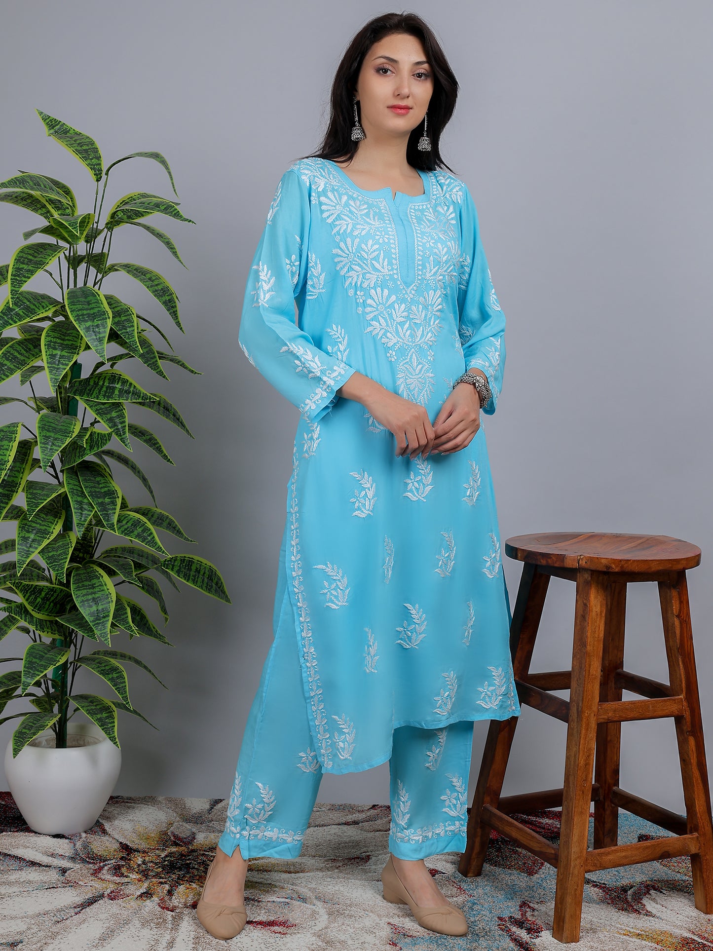 Chikankari Modal Kurti Set with Bottom Hand Embroidered-NS22