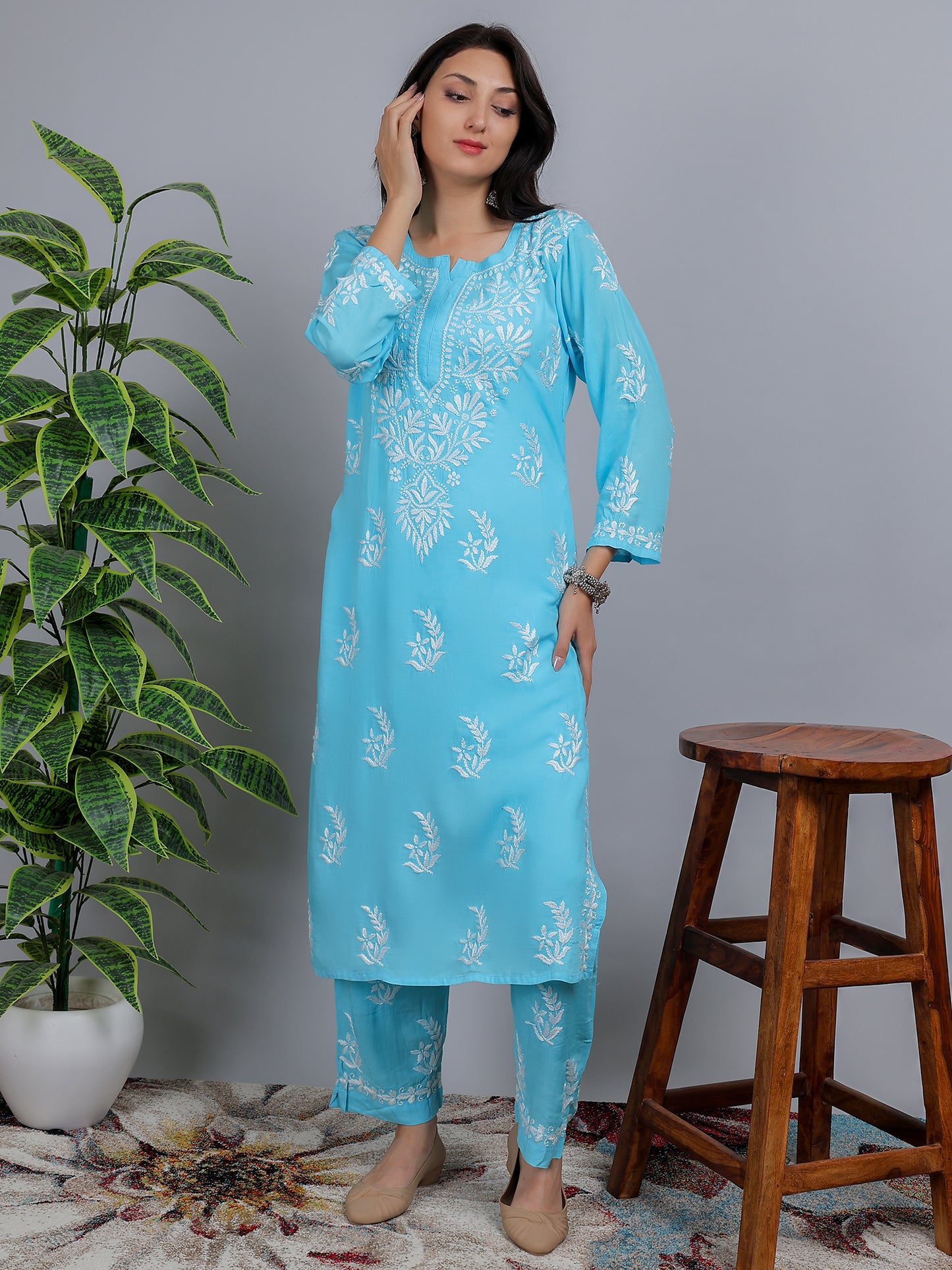 Chikankari Modal Kurti Set with Bottom Hand Embroidered-NS22