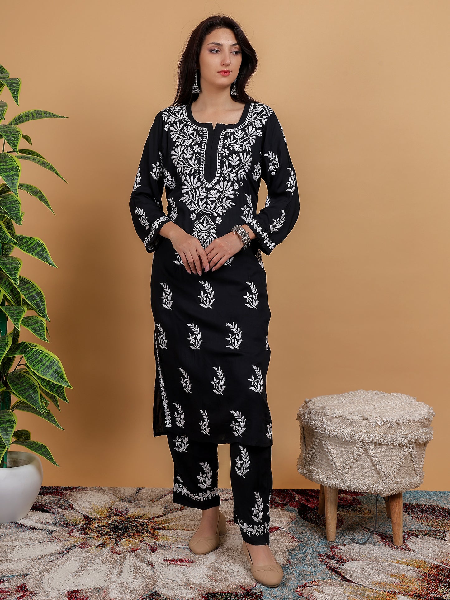 Chikankari Modal Kurti Set with Bottom Hand Embroidered-NS24