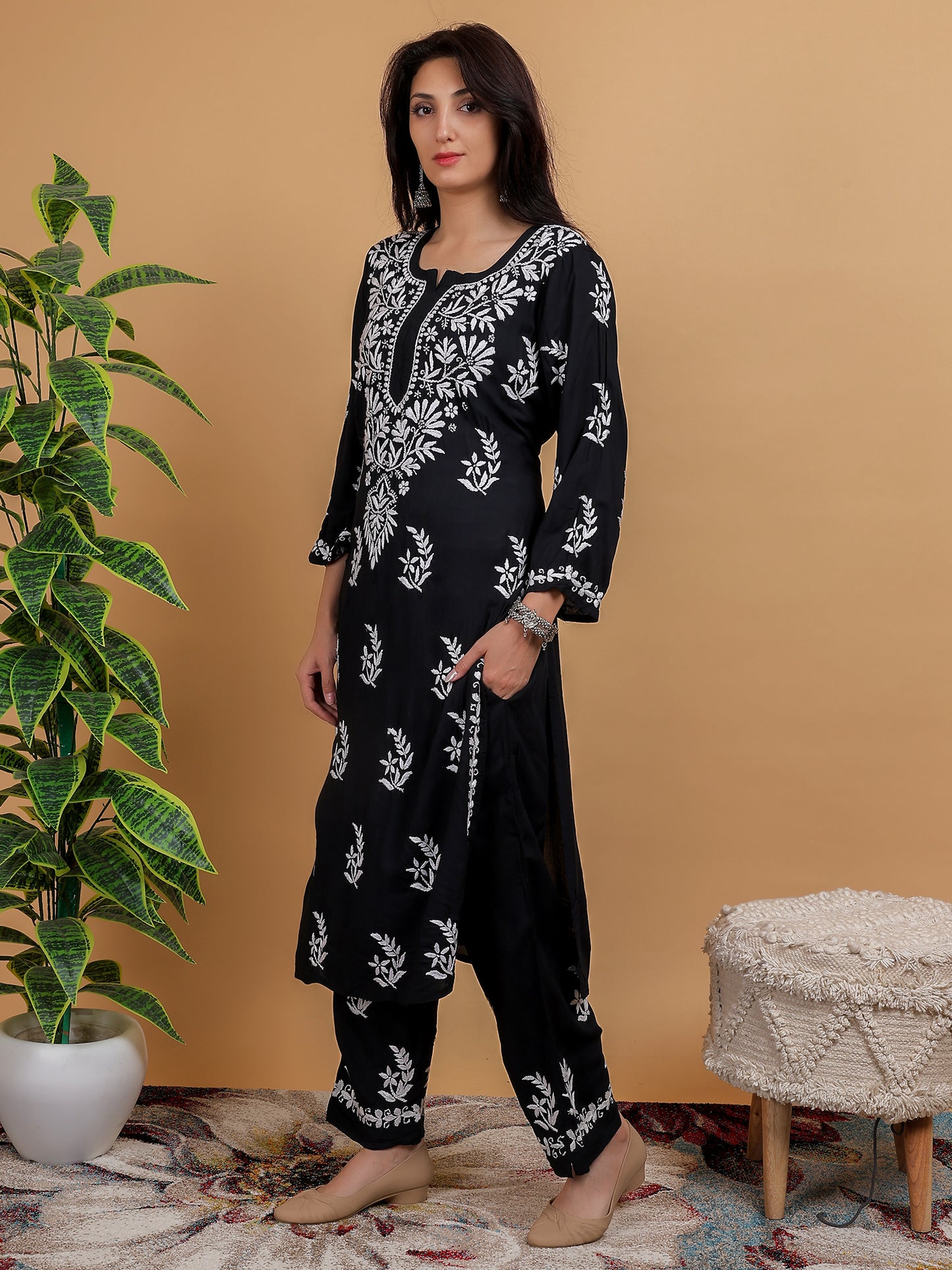 Chikankari Modal Kurti Set with Bottom Hand Embroidered-NS24