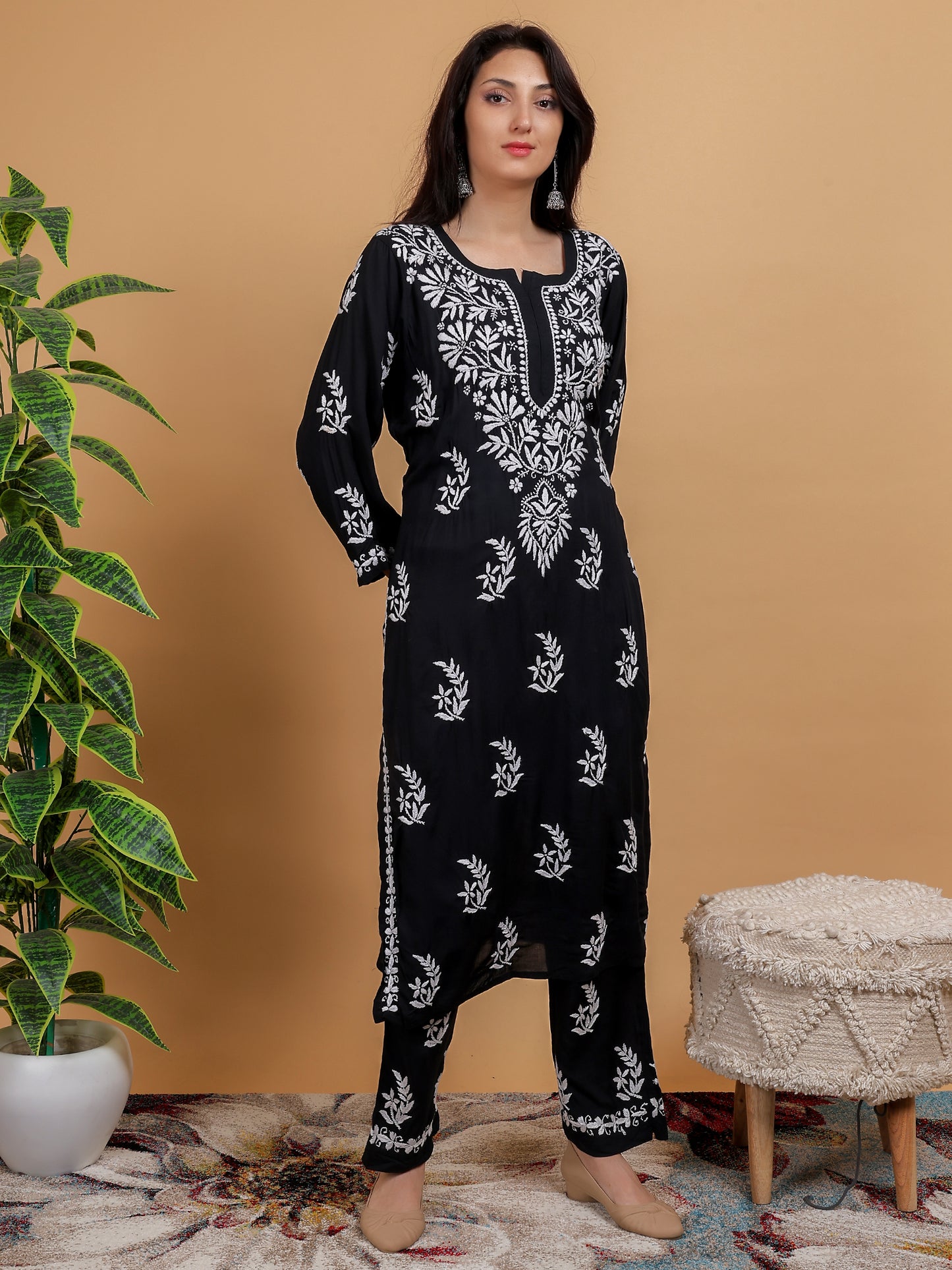 Chikankari Modal Kurti Set with Bottom Hand Embroidered-NS24