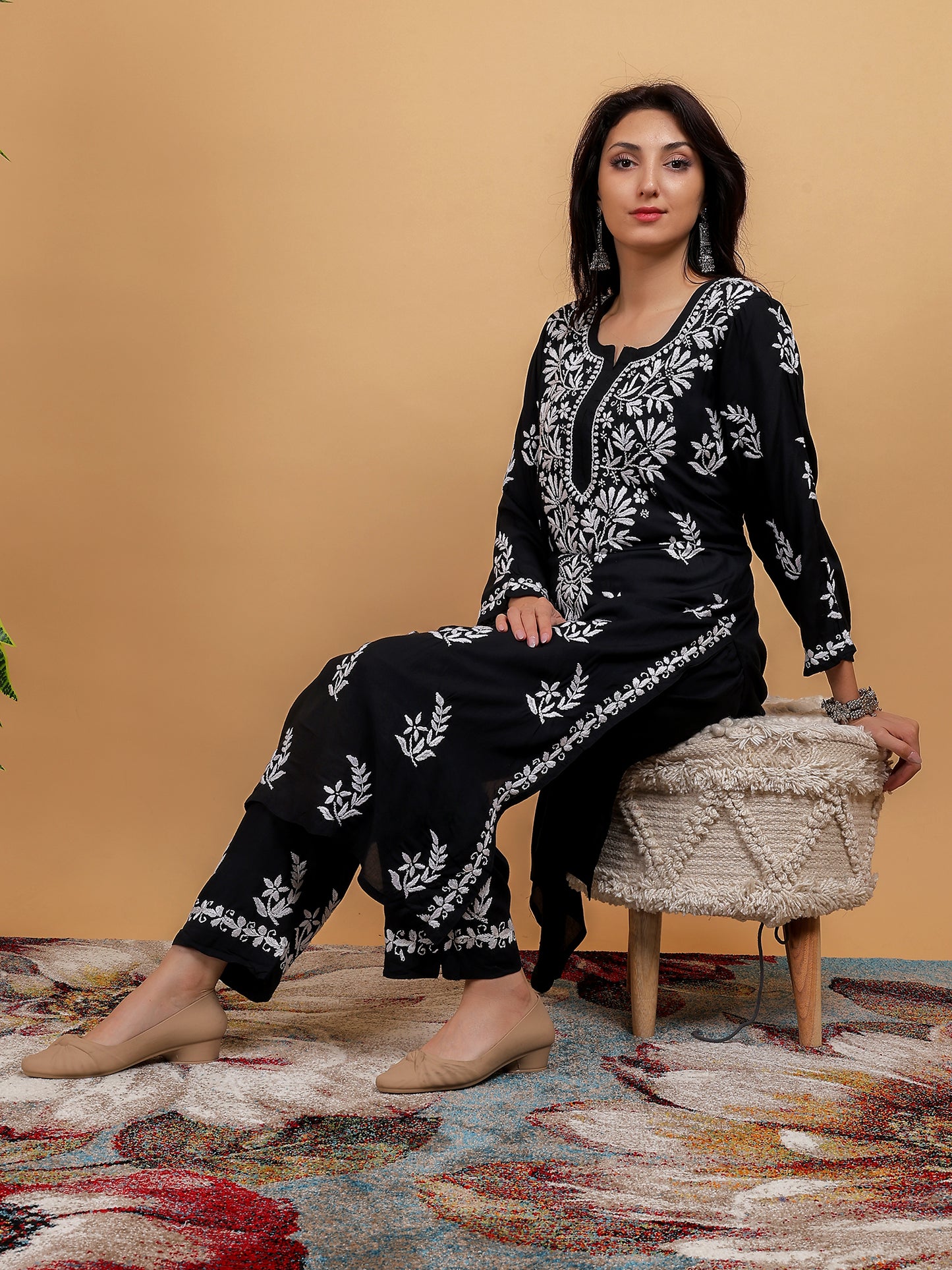 Chikankari Modal Kurti Set with Bottom Hand Embroidered-NS24