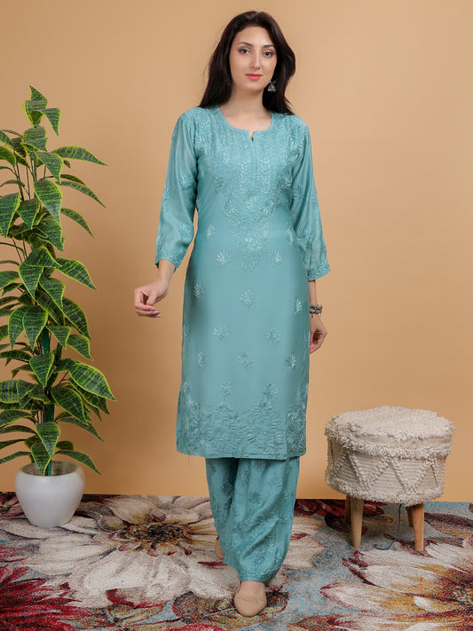 Chikankari Chanderi Silk Kurti Set with Bottom Hand Embroidered-NS25