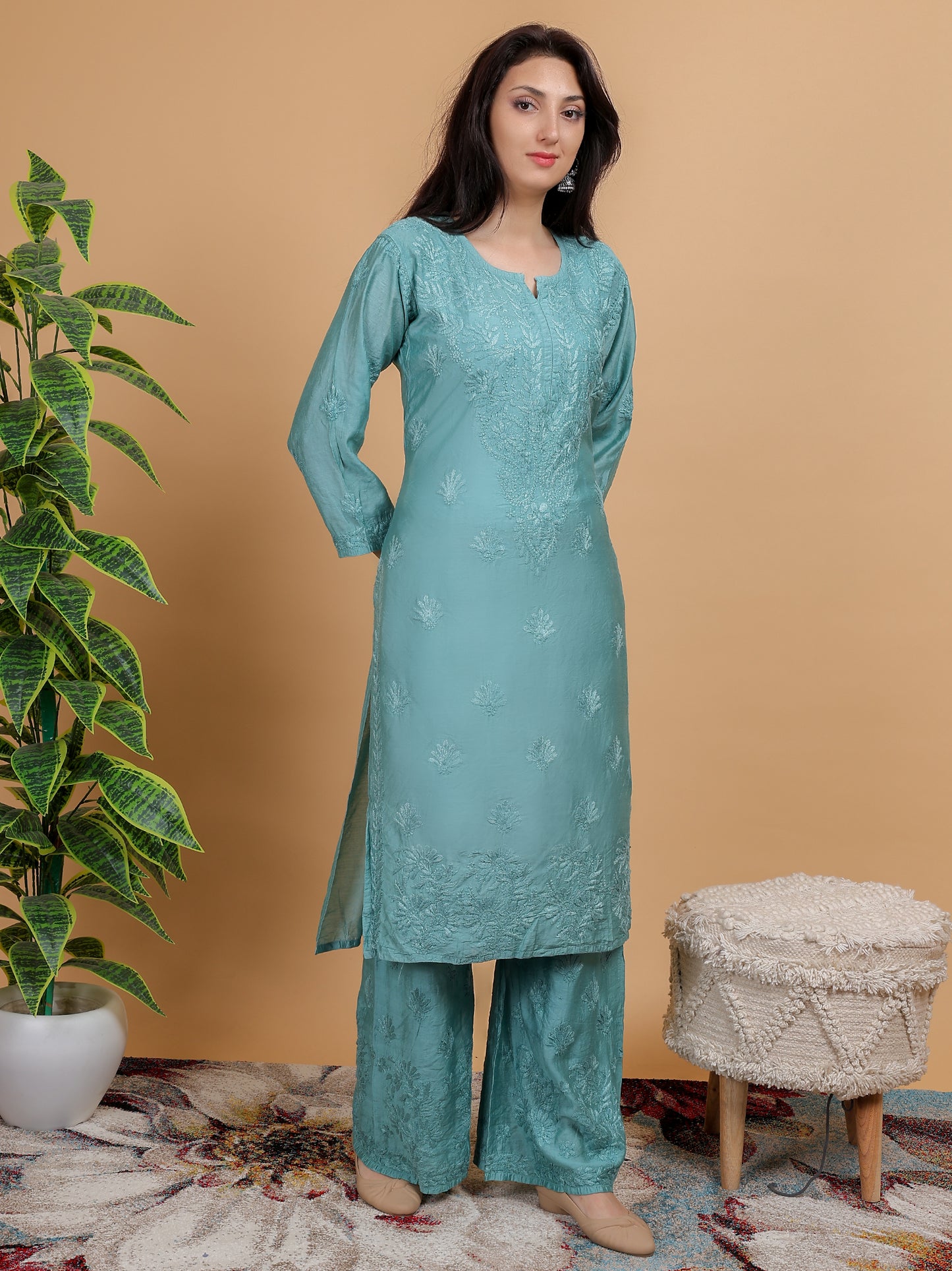 Chikankari Chanderi Silk Kurti Set with Bottom Hand Embroidered-NS25