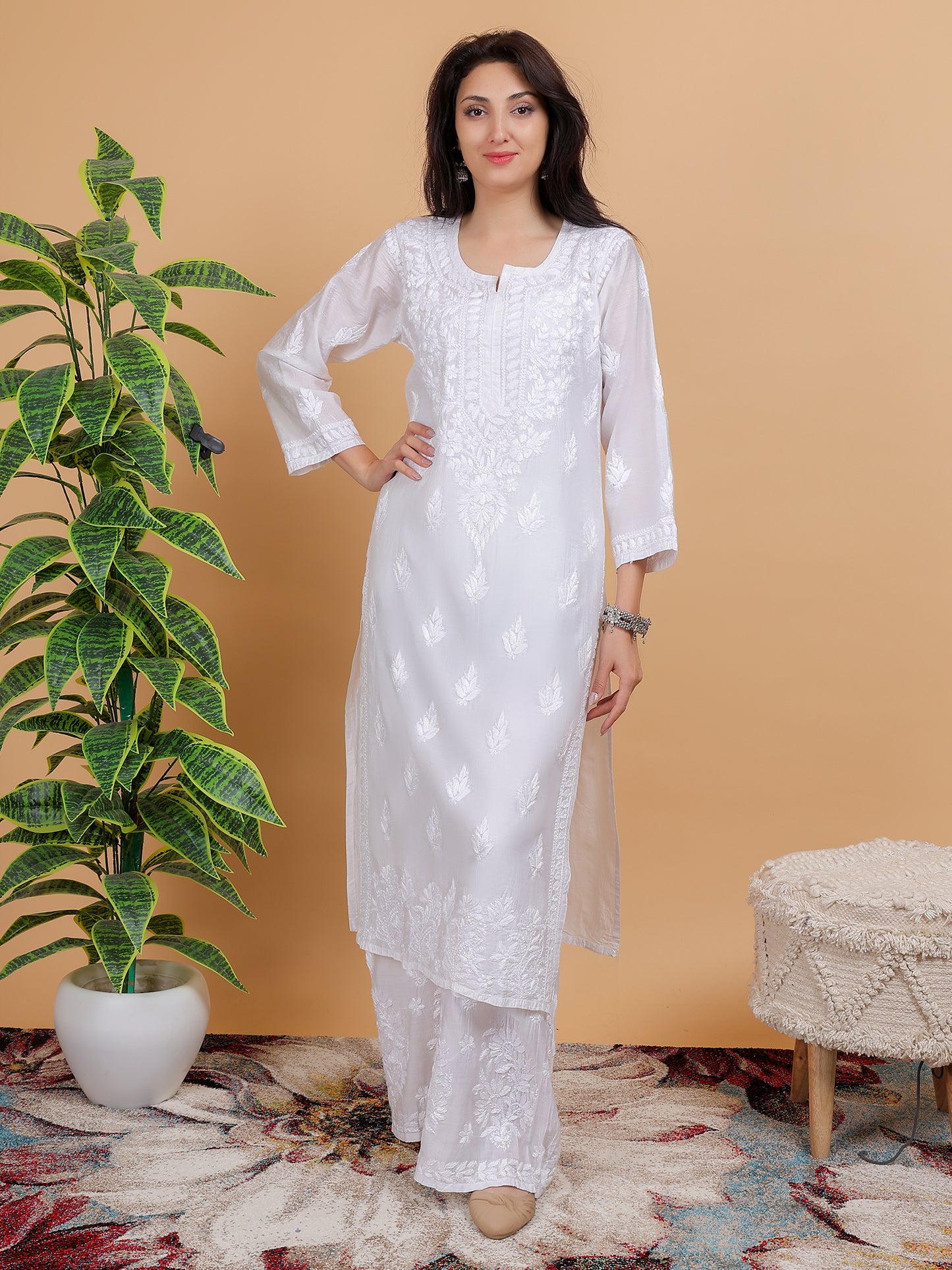 Chikankari Chanderi Silk Kurti Set with Bottom Hand Embroidered Dyeable-NS26