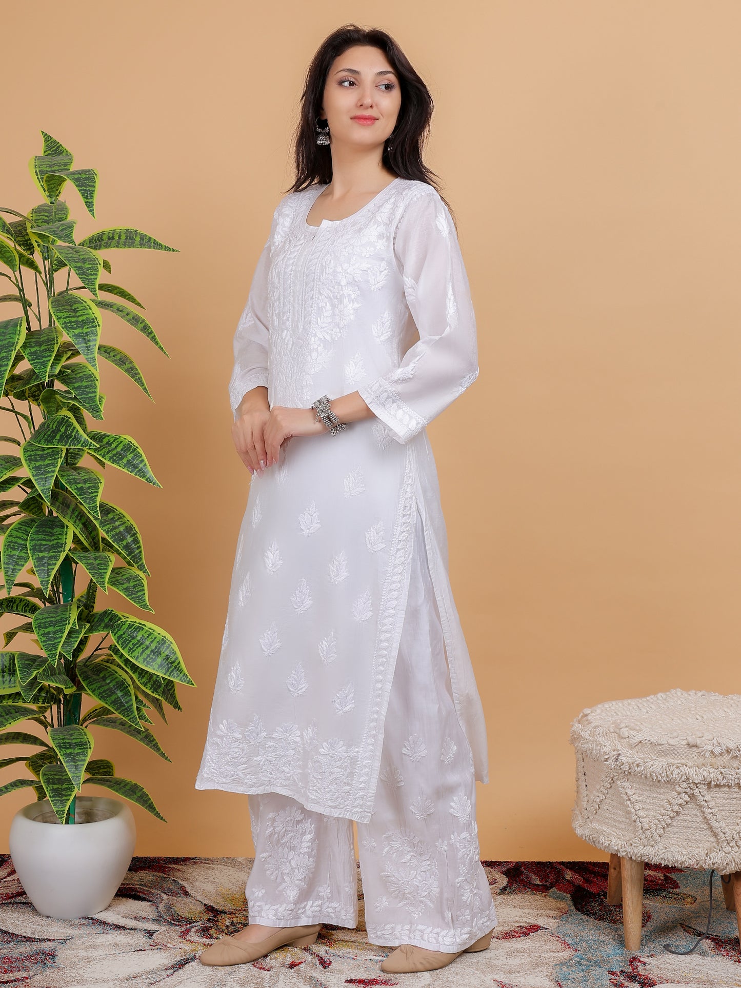 Chikankari Chanderi Silk Kurti Set with Bottom Hand Embroidered Dyeable-NS26