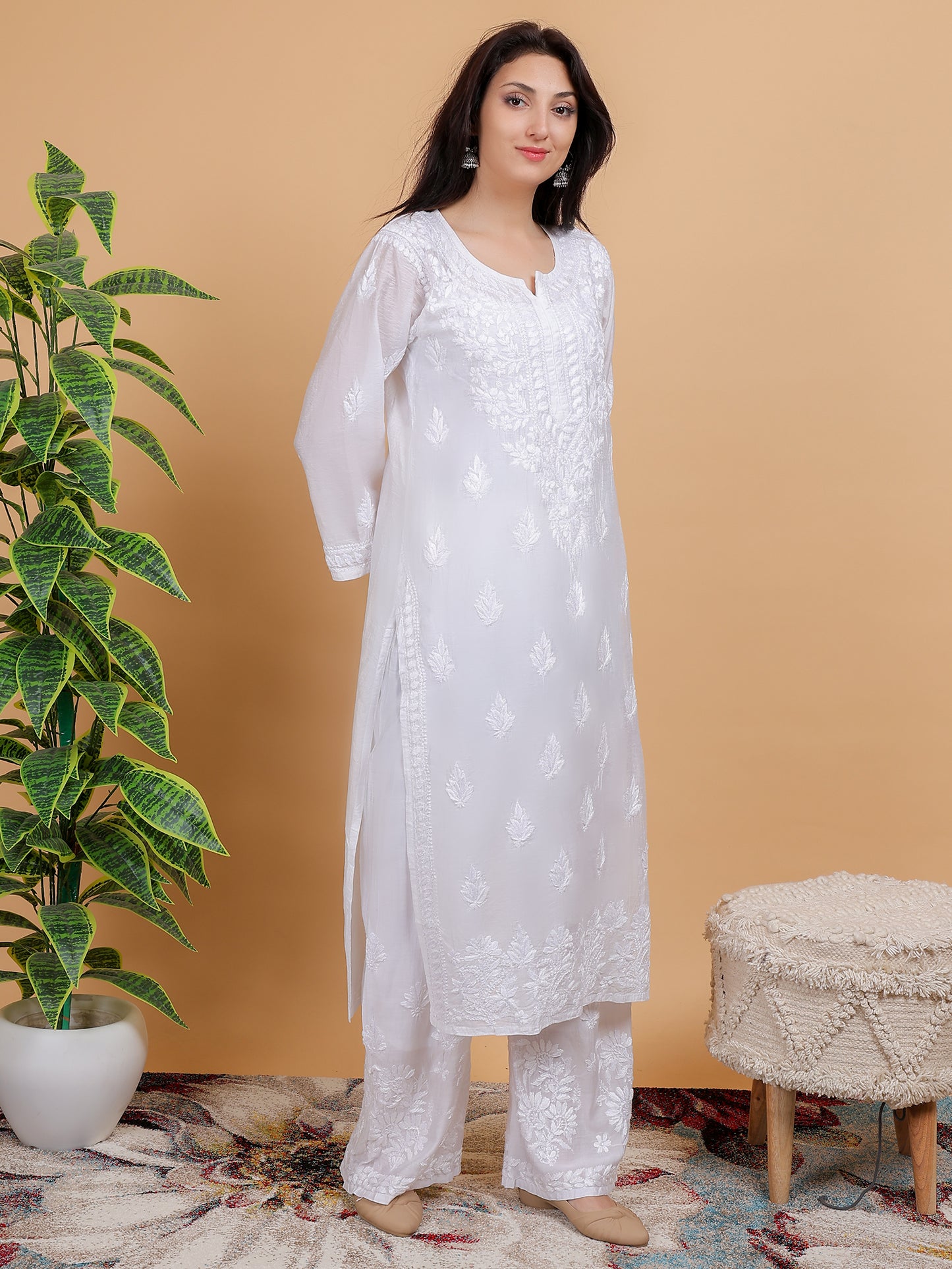 Chikankari Chanderi Silk Kurti Set with Bottom Hand Embroidered Dyeable-NS26