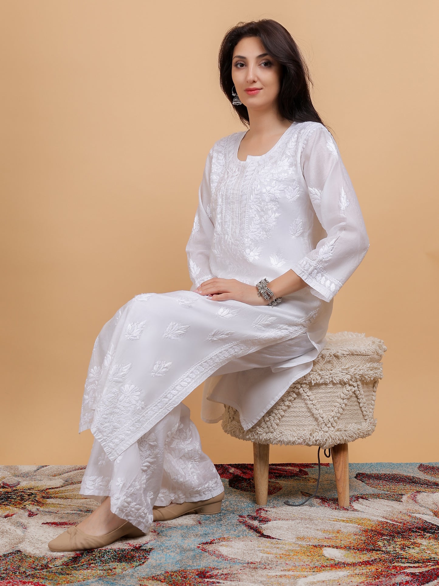 Chikankari Chanderi Silk Kurti Set with Bottom Hand Embroidered Dyeable-NS26