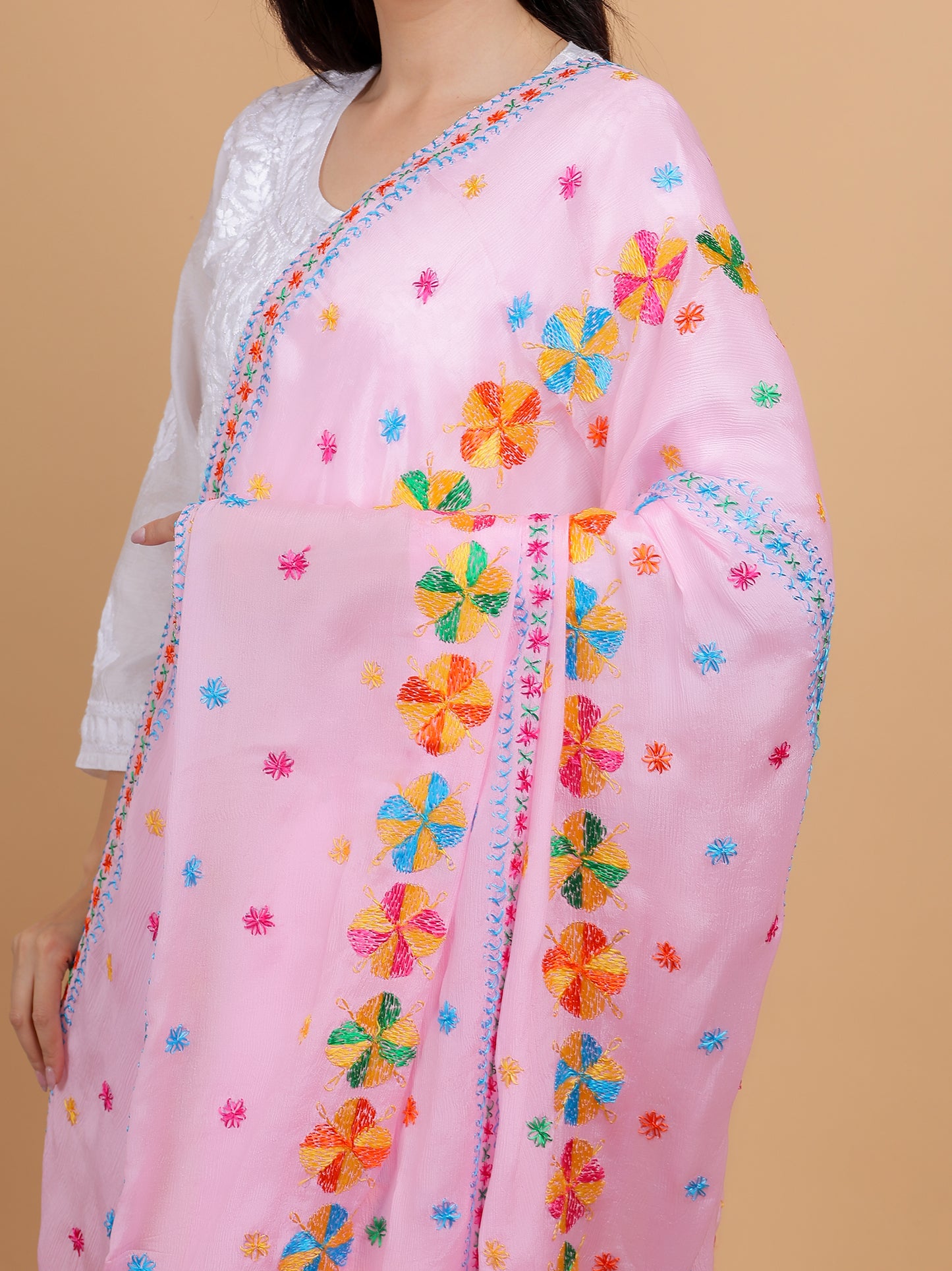 Phulkari Pure Chinon Dupatta Hand Embroidered-NS33