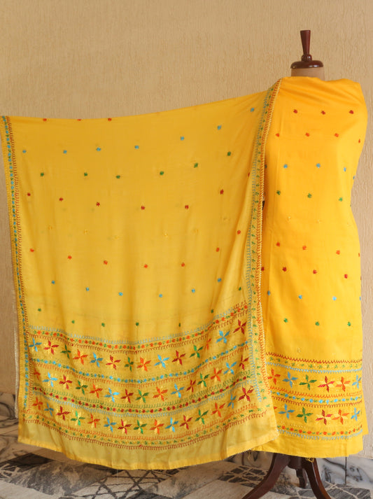 Phulkari Cotton Unstitched Suit Set with Chinon Dupatta Hand Embroidered-NS273