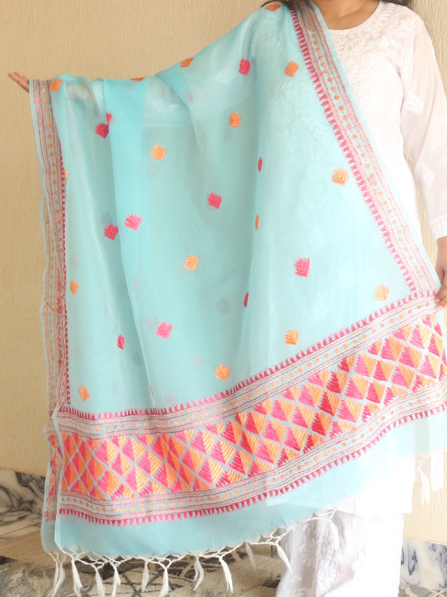 Phulkari Kota Doria Dupatta Hand Embroidered-NS293