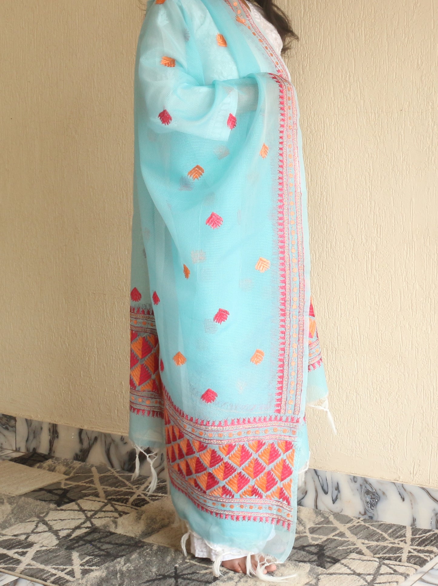 Phulkari Kota Doria Dupatta Hand Embroidered-NS293