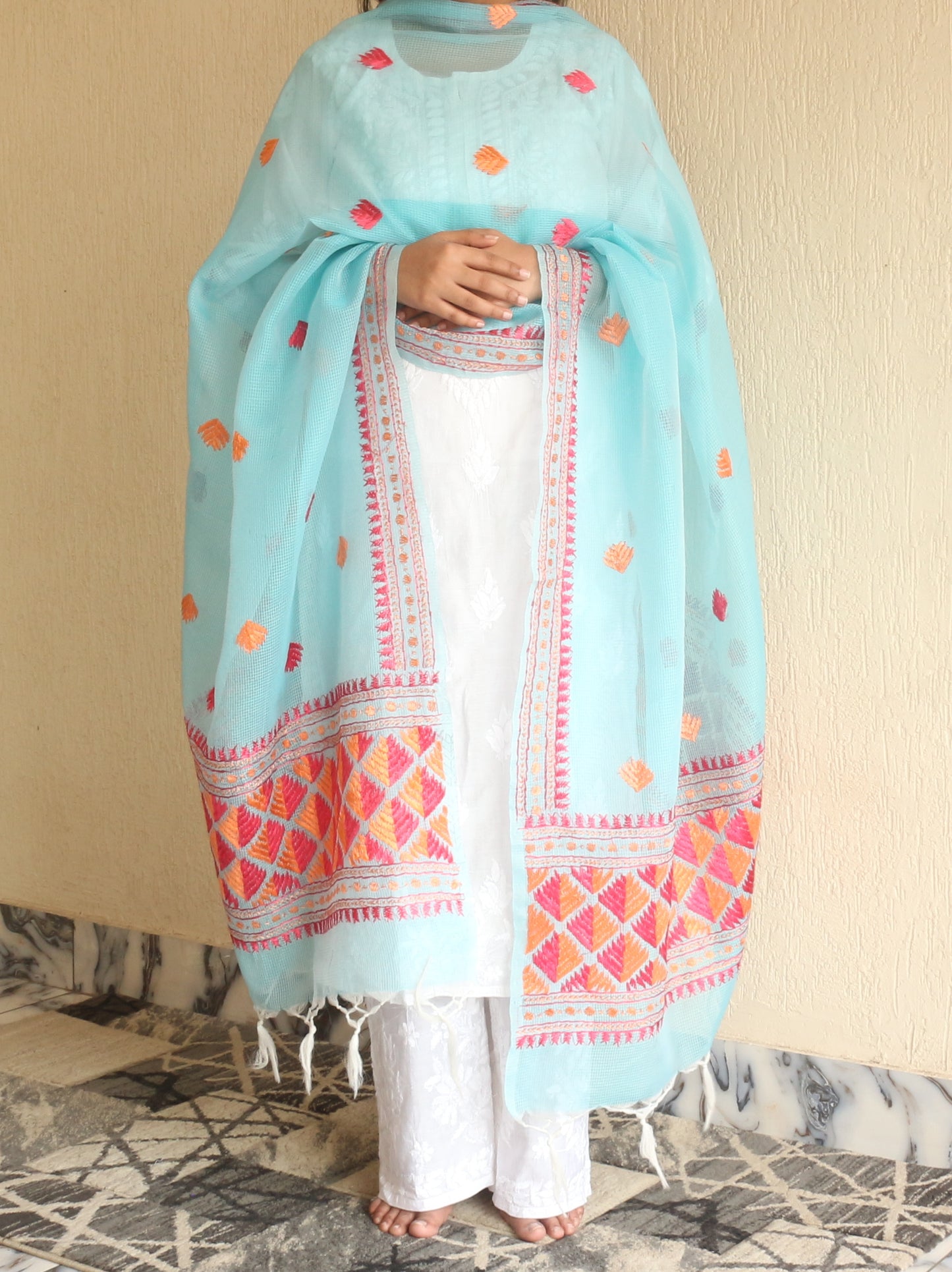 Phulkari Kota Doria Dupatta Hand Embroidered-NS293