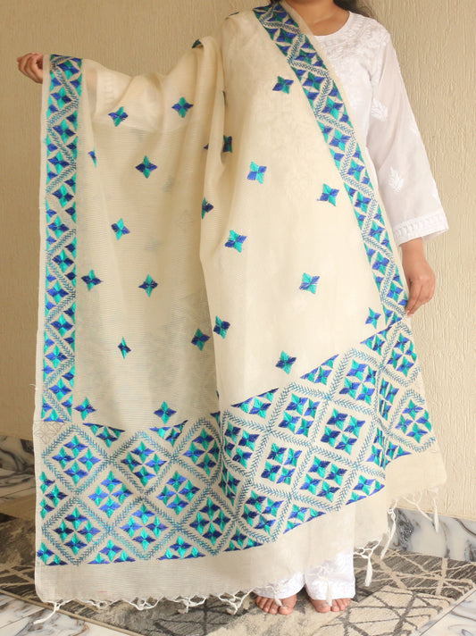 Phulkari Kota Doria Dupatta Hand Embroidered-NS295